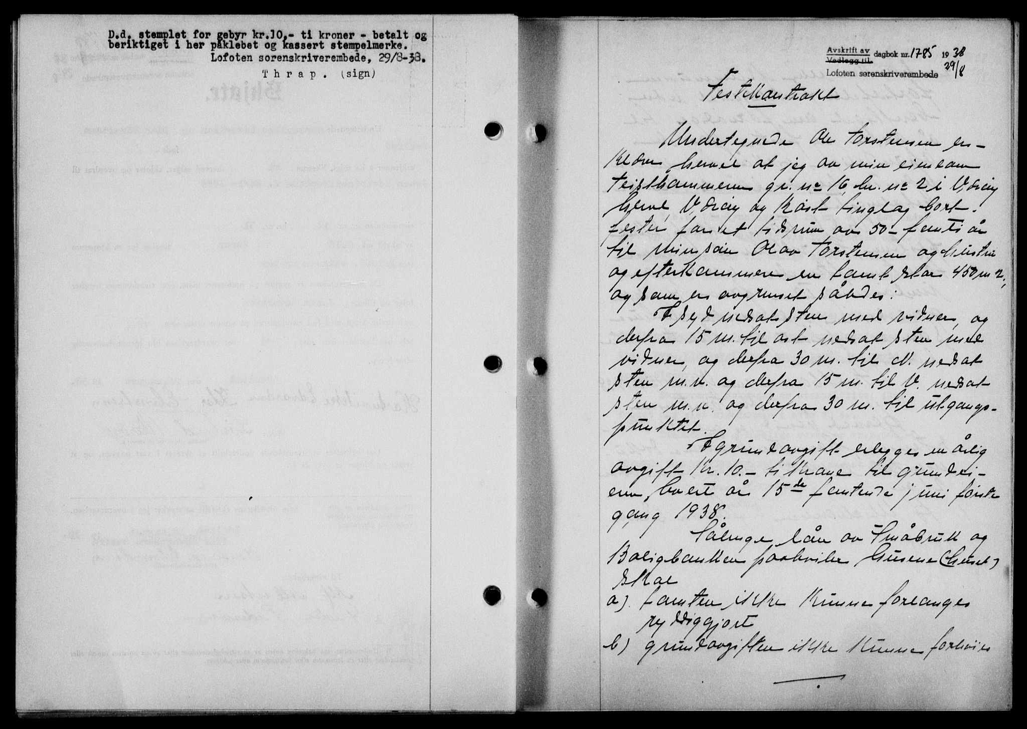 Lofoten sorenskriveri, SAT/A-0017/1/2/2C/L0004a: Mortgage book no. 4a, 1938-1938, Diary no: : 1785/1938