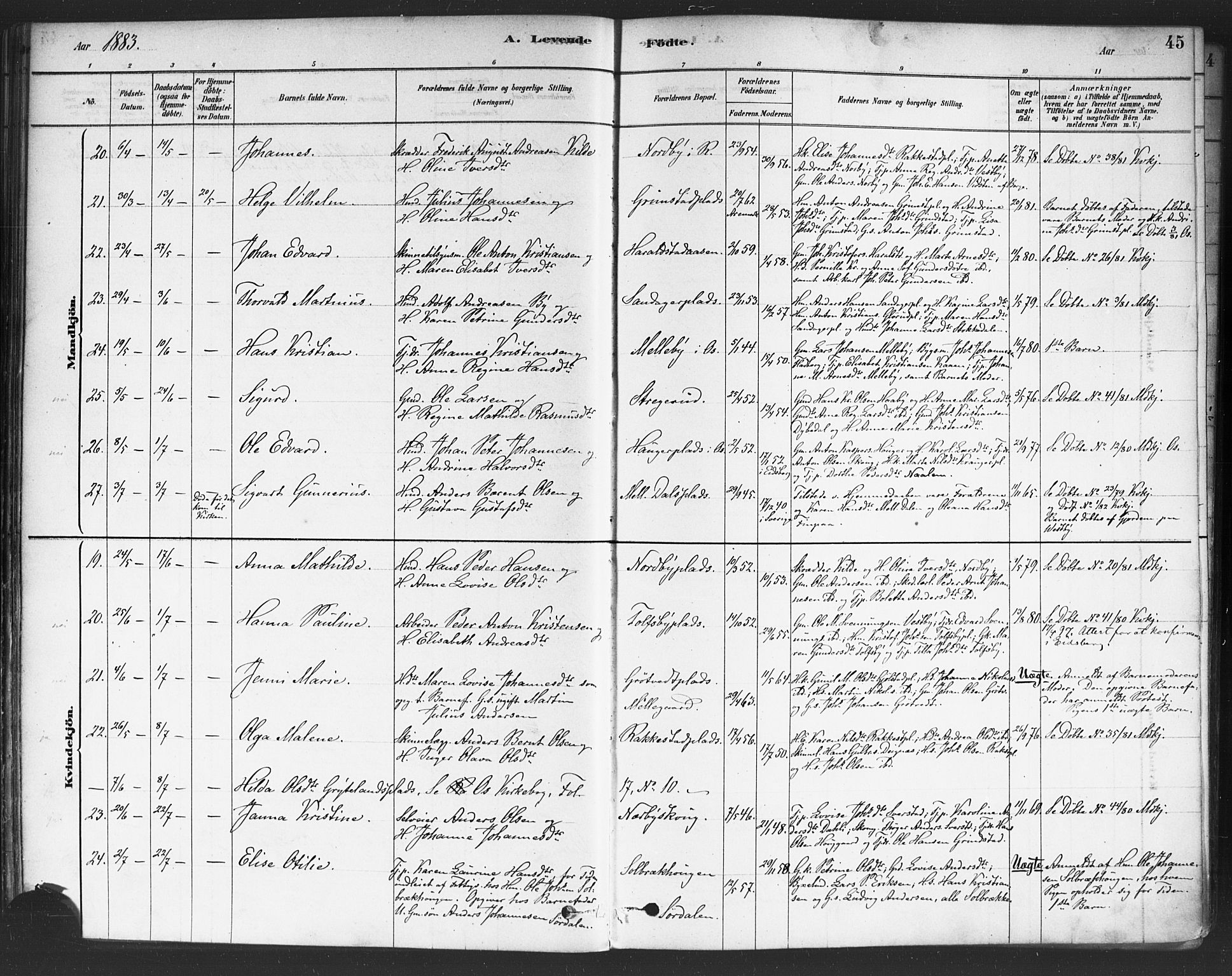 Rakkestad prestekontor Kirkebøker, AV/SAO-A-2008/F/Fa/L0012: Parish register (official) no. I 12, 1878-1893, p. 45