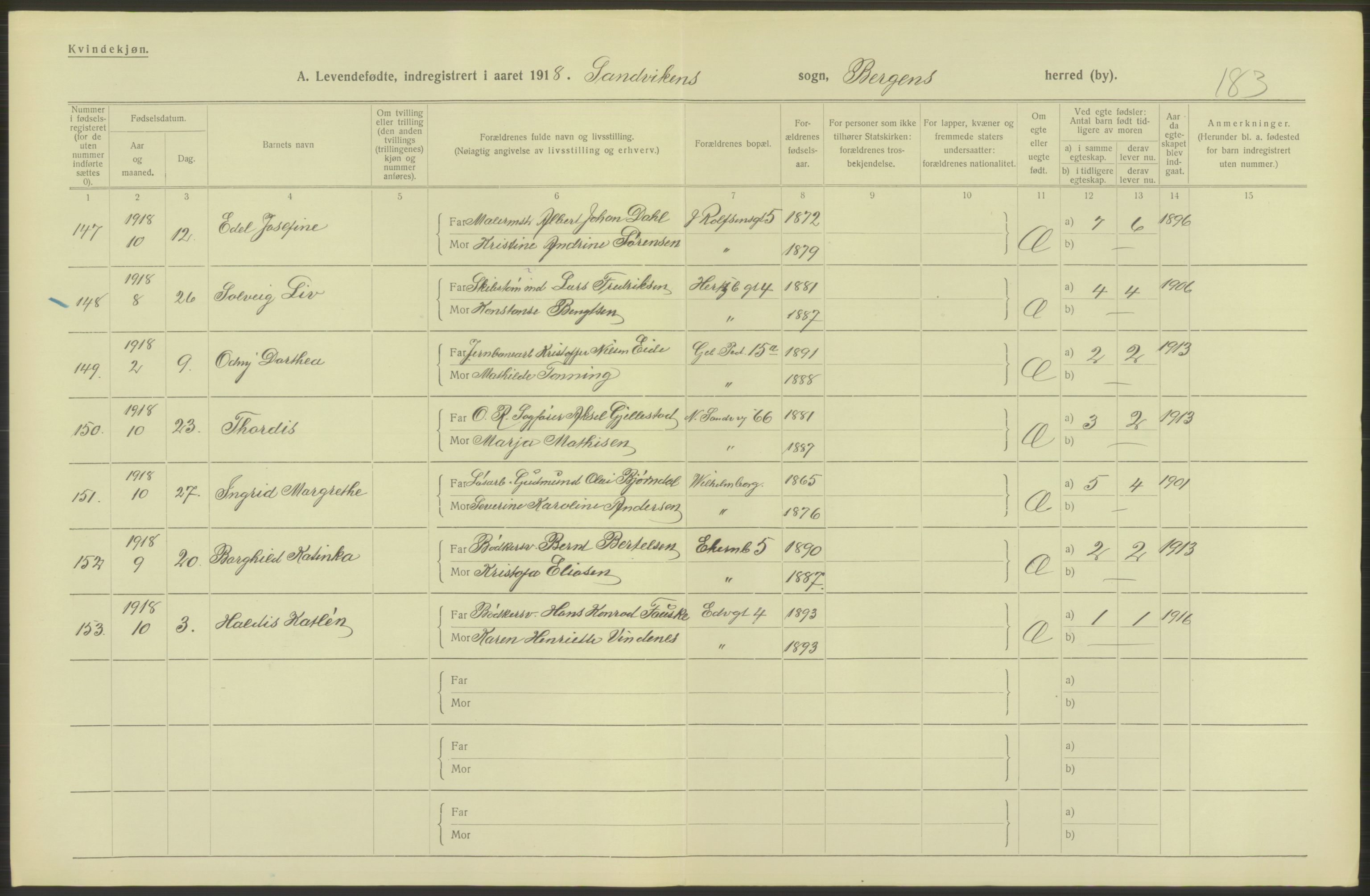 Statistisk sentralbyrå, Sosiodemografiske emner, Befolkning, AV/RA-S-2228/D/Df/Dfb/Dfbh/L0037: Bergen: Levendefødte menn og kvinner., 1918, p. 342
