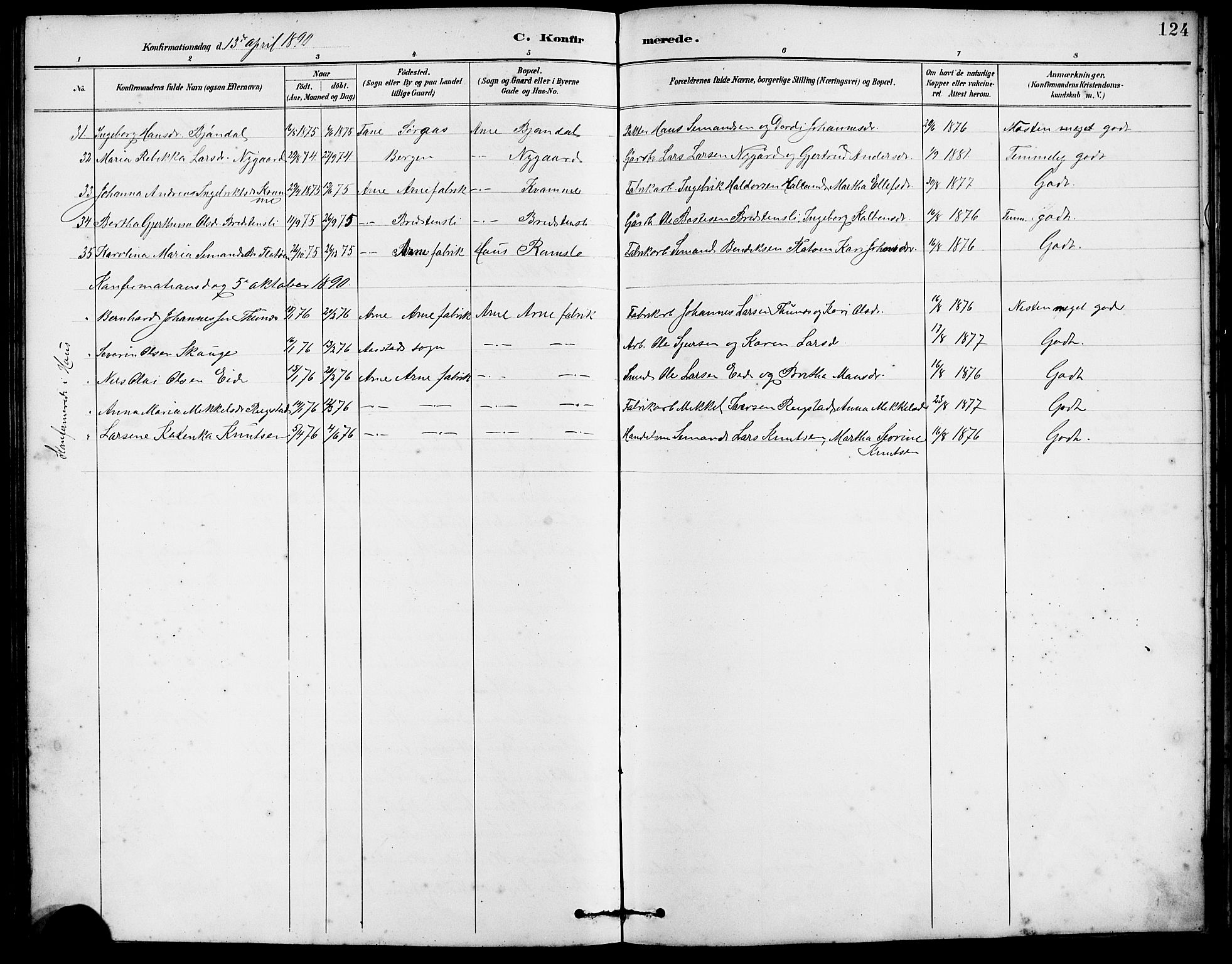 Arna sokneprestembete, AV/SAB-A-74001/H/Ha/Hab: Parish register (copy) no. A 3, 1887-1897, p. 124