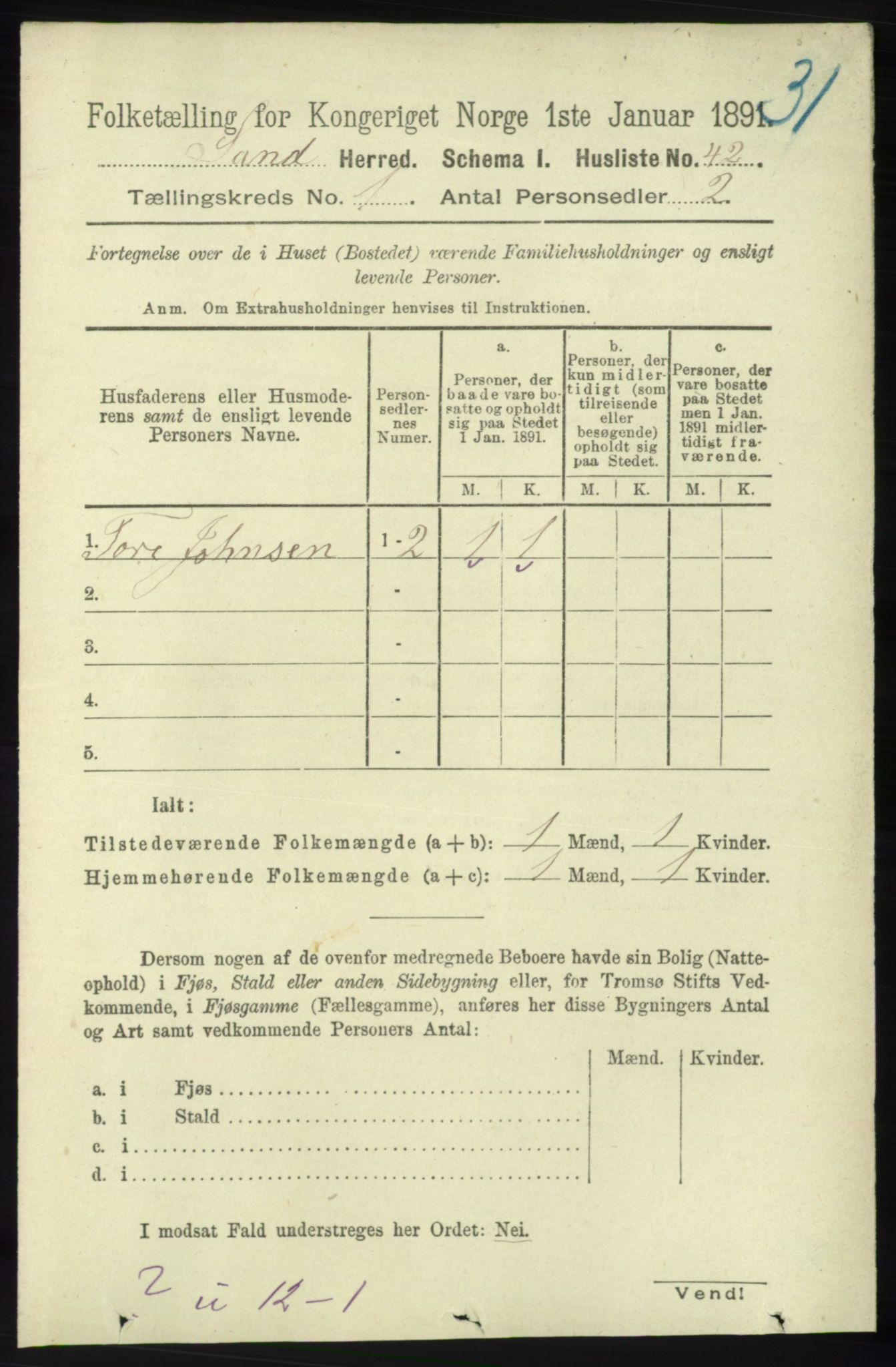 RA, 1891 census for 1136 Sand, 1891, p. 57