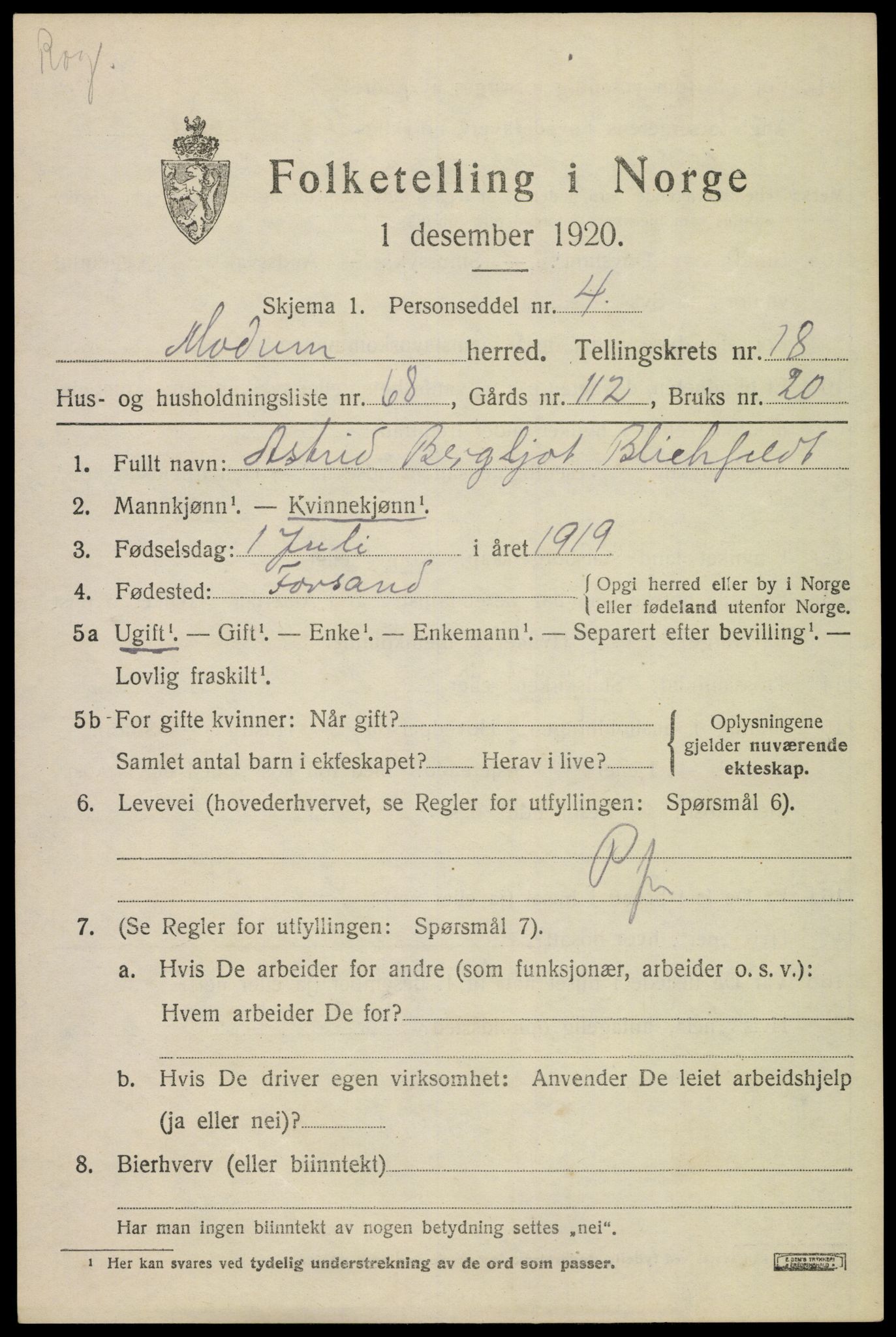 SAKO, 1920 census for Modum, 1920, p. 21681