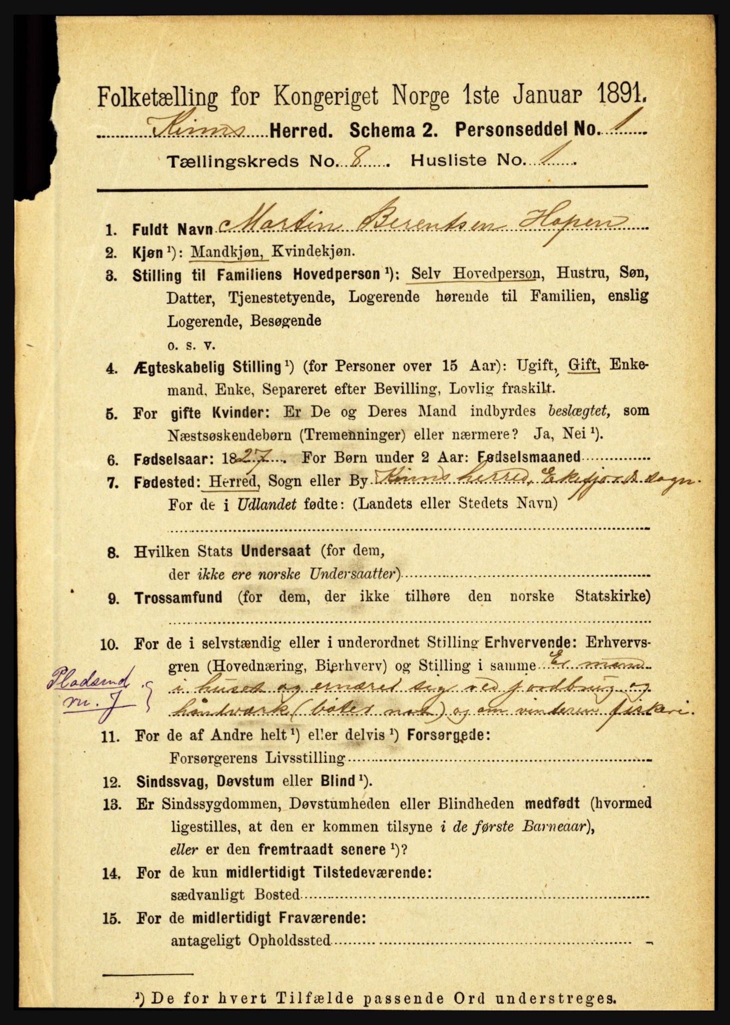 RA, 1891 census for 1437 Kinn, 1891, p. 3106