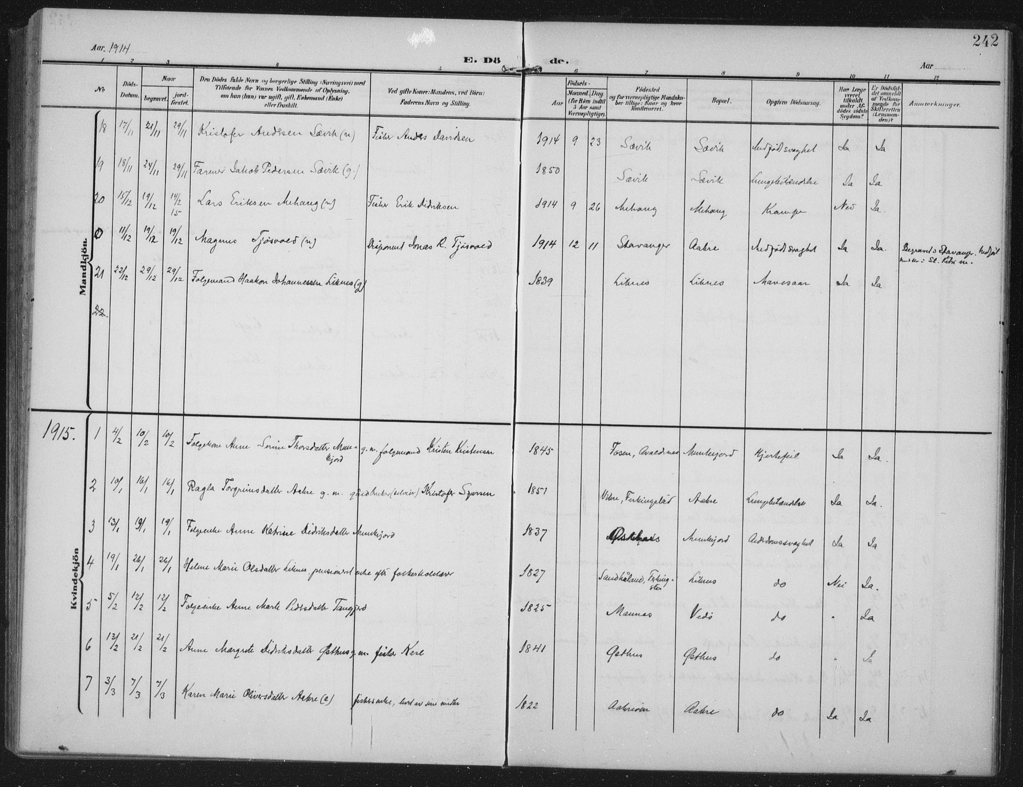 Kopervik sokneprestkontor, SAST/A-101850/H/Ha/Haa/L0005: Parish register (official) no. A 5, 1906-1924, p. 242