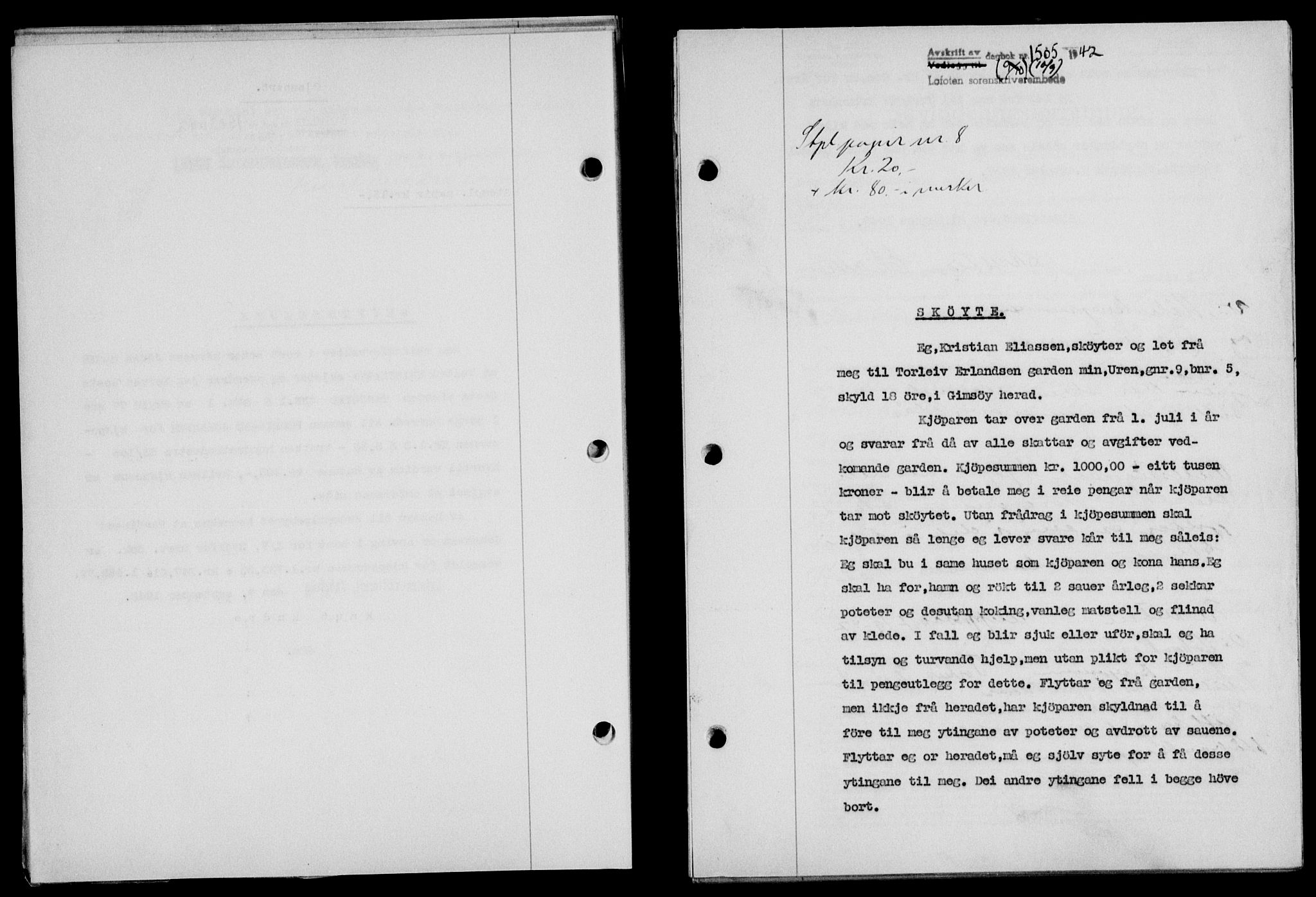 Lofoten sorenskriveri, SAT/A-0017/1/2/2C/L0010a: Mortgage book no. 10a, 1942-1943, Diary no: : 1505/1942