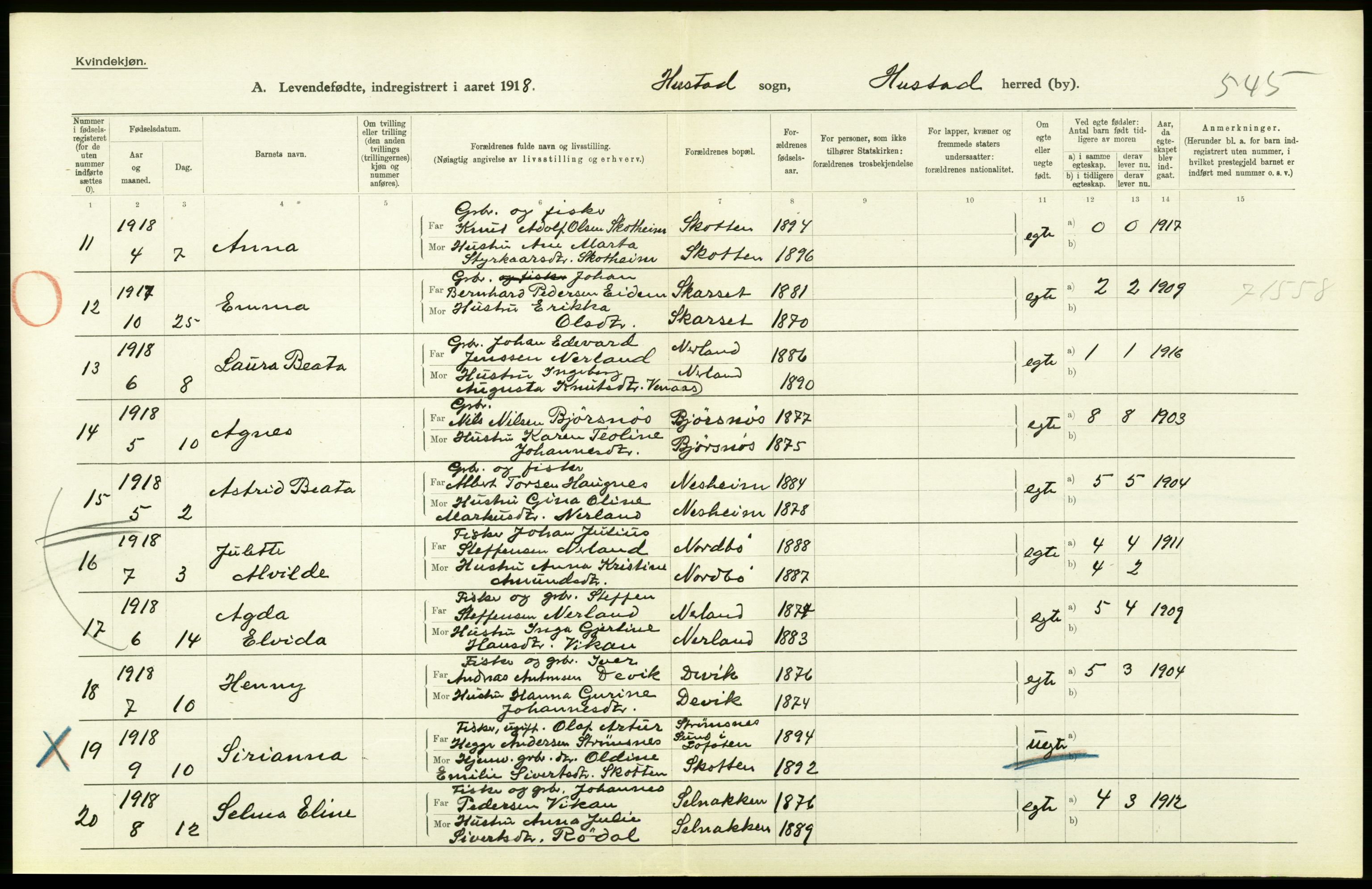 Statistisk sentralbyrå, Sosiodemografiske emner, Befolkning, RA/S-2228/D/Df/Dfb/Dfbh/L0043: Møre fylke: Levendefødte menn og kvinner. Bygder., 1918, p. 740