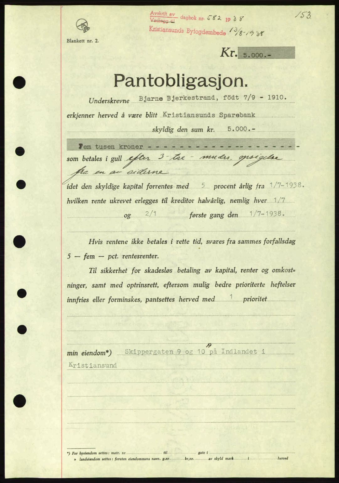 Kristiansund byfogd, SAT/A-4587/A/27: Mortgage book no. 31, 1938-1939, Diary no: : 582/1938