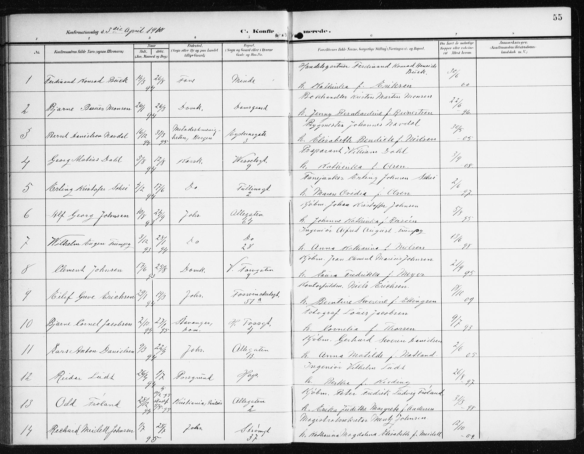 Johanneskirken sokneprestembete, SAB/A-76001/H/Haa/L0009: Parish register (official) no. C 2, 1907-1924, p. 55