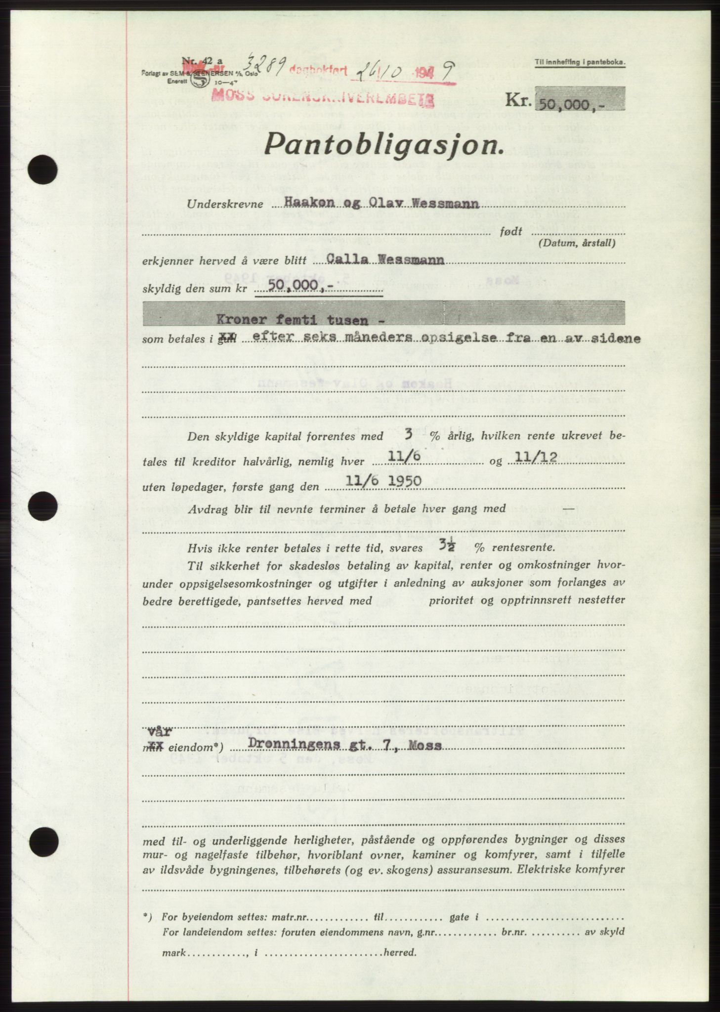 Moss sorenskriveri, SAO/A-10168: Mortgage book no. B23, 1949-1950, Diary no: : 3289/1949