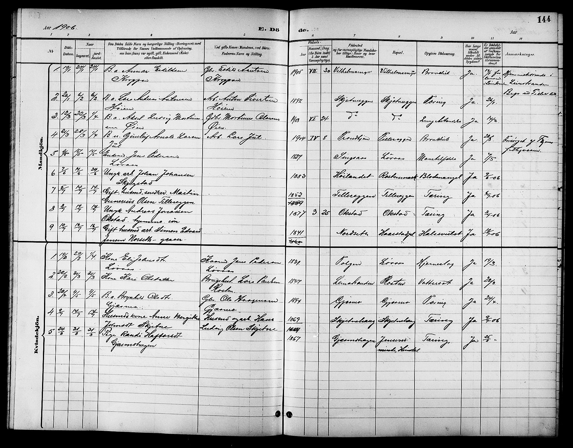 Ministerialprotokoller, klokkerbøker og fødselsregistre - Sør-Trøndelag, SAT/A-1456/621/L0460: Parish register (copy) no. 621C03, 1896-1914, p. 144