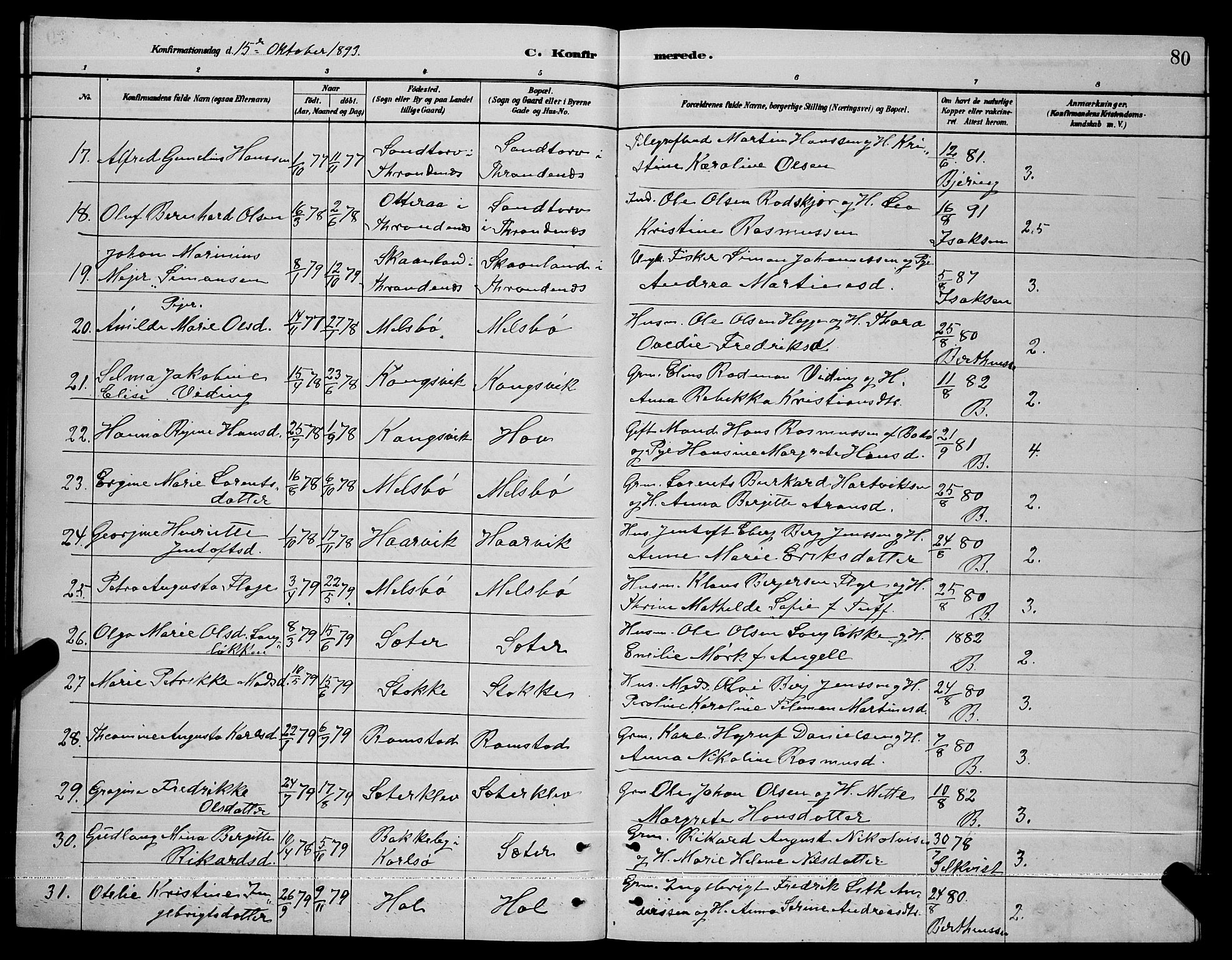 Ministerialprotokoller, klokkerbøker og fødselsregistre - Nordland, AV/SAT-A-1459/865/L0931: Parish register (copy) no. 865C03, 1885-1901, p. 80