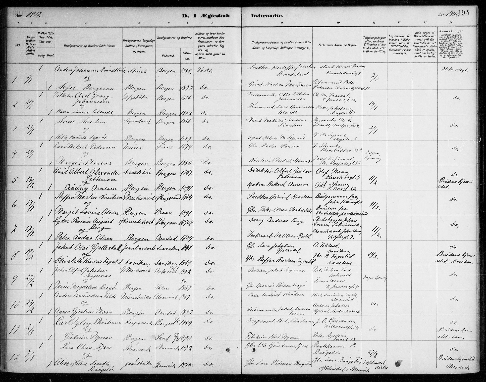 Johanneskirken sokneprestembete, SAB/A-76001/H/Haa/L0012: Parish register (official) no. D 1, 1885-1912, p. 194