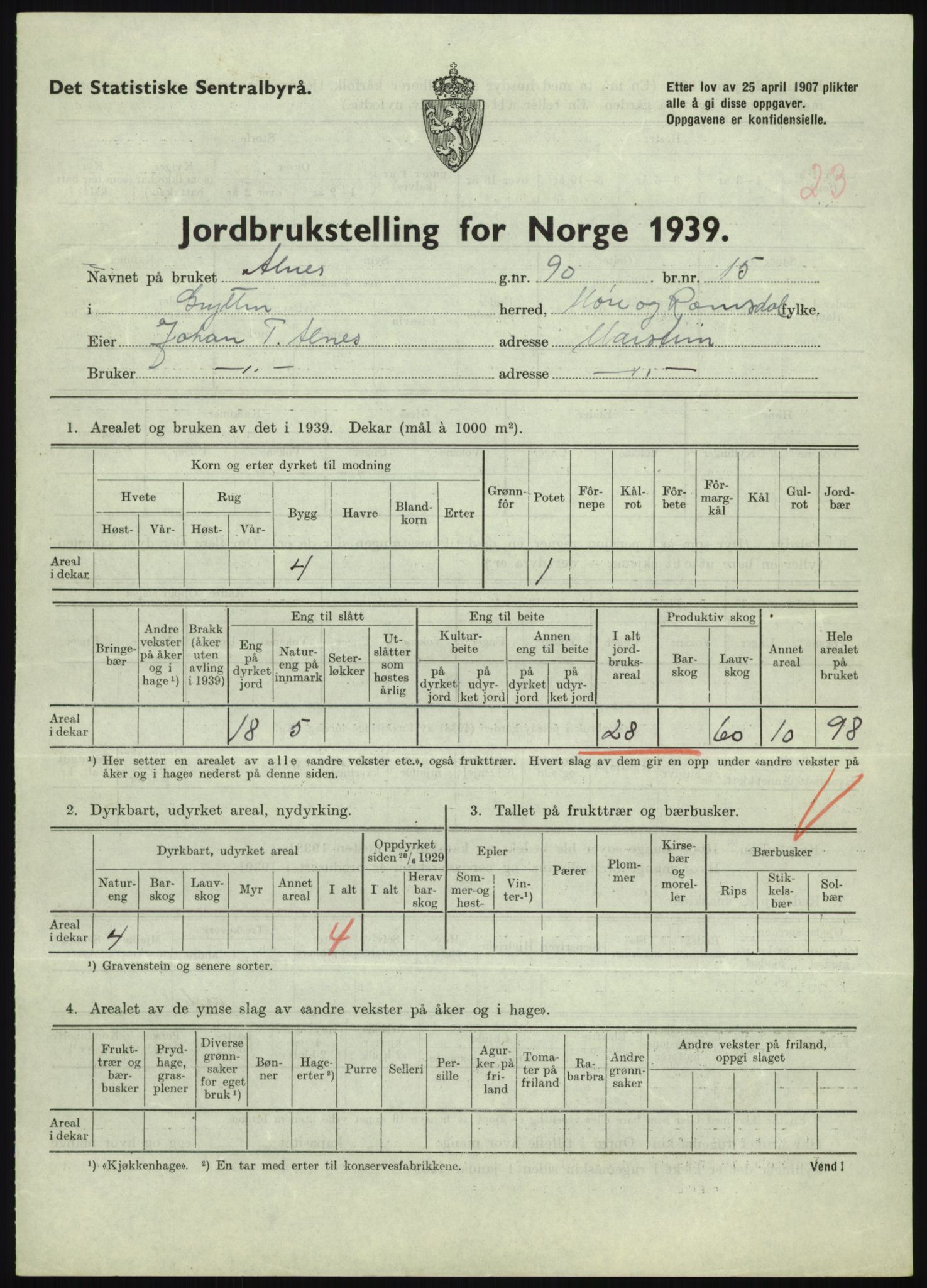 Statistisk sentralbyrå, Næringsøkonomiske emner, Jordbruk, skogbruk, jakt, fiske og fangst, AV/RA-S-2234/G/Gb/L0251: Møre og Romsdal: Voll, Eid, Grytten og Hen, 1939, p. 643