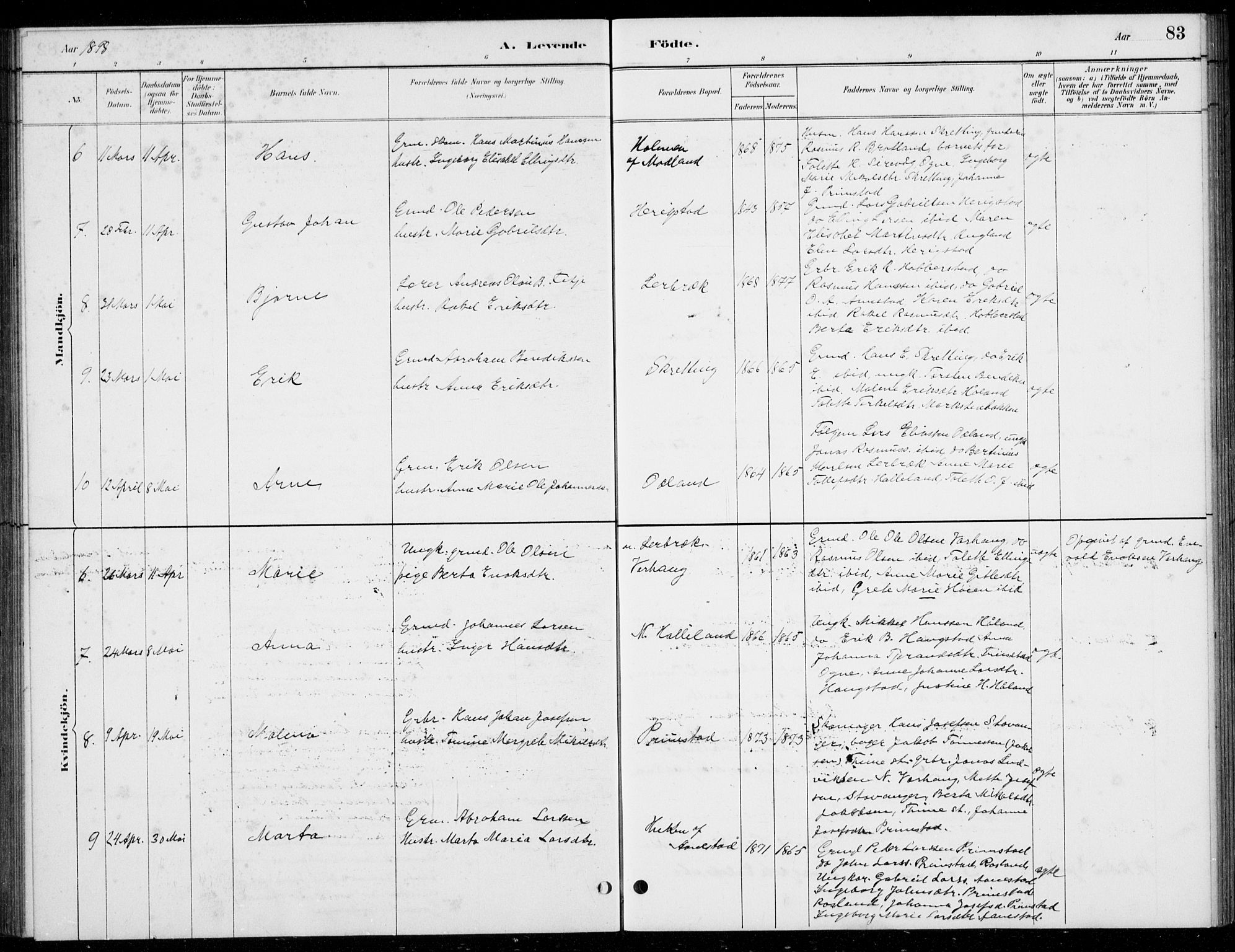 Hå sokneprestkontor, AV/SAST-A-101801/001/30BB/L0004: Parish register (copy) no. B 4, 1883-1899, p. 83