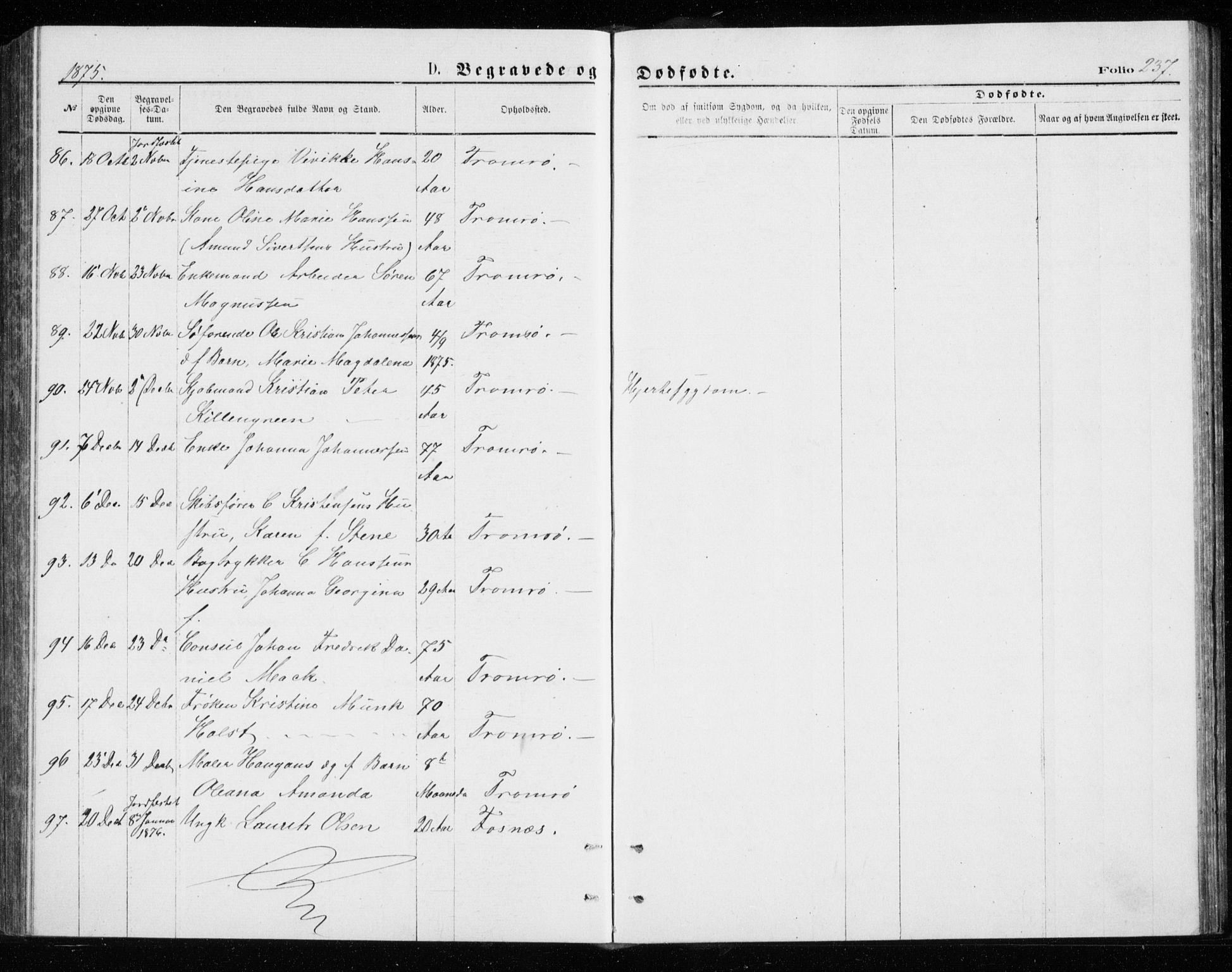 Tromsø sokneprestkontor/stiftsprosti/domprosti, SATØ/S-1343/G/Gb/L0008klokker: Parish register (copy) no. 8, 1875-1879, p. 237