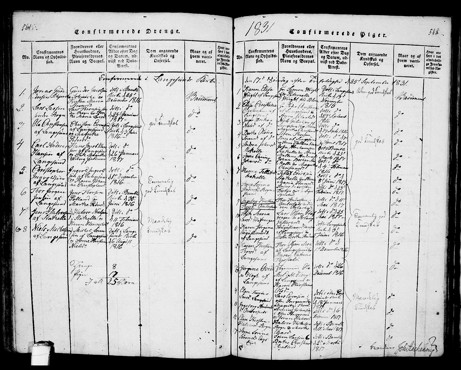 Bamble kirkebøker, SAKO/A-253/F/Fa/L0003: Parish register (official) no. I 3 /1, 1814-1834, p. 561-562