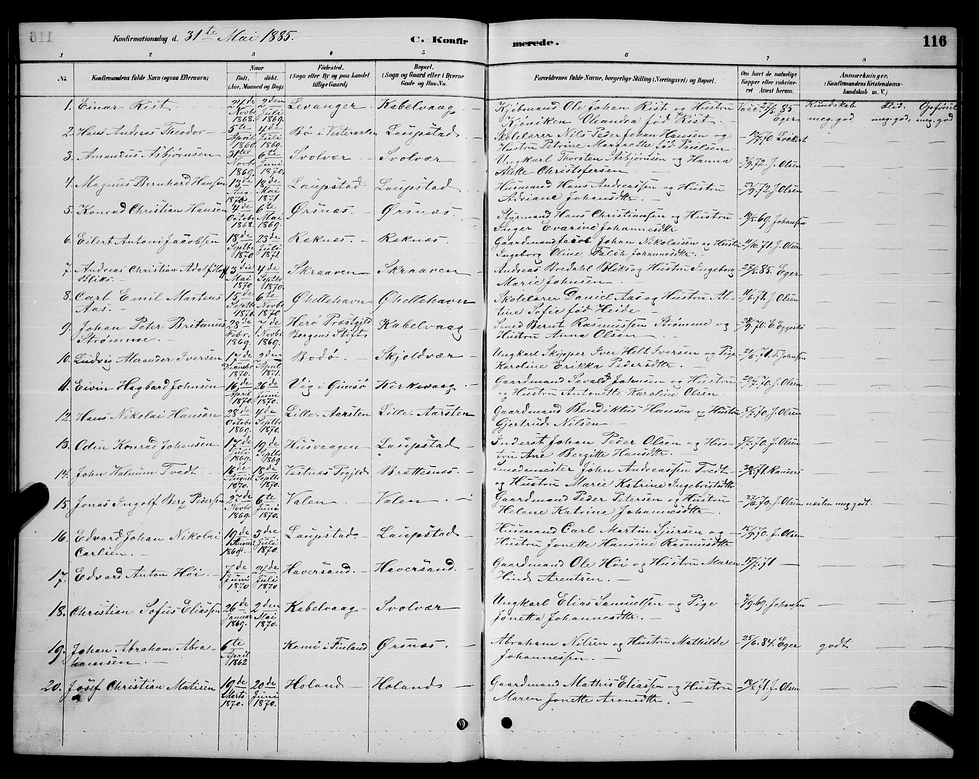 Ministerialprotokoller, klokkerbøker og fødselsregistre - Nordland, AV/SAT-A-1459/874/L1076: Parish register (copy) no. 874C05, 1884-1890, p. 116