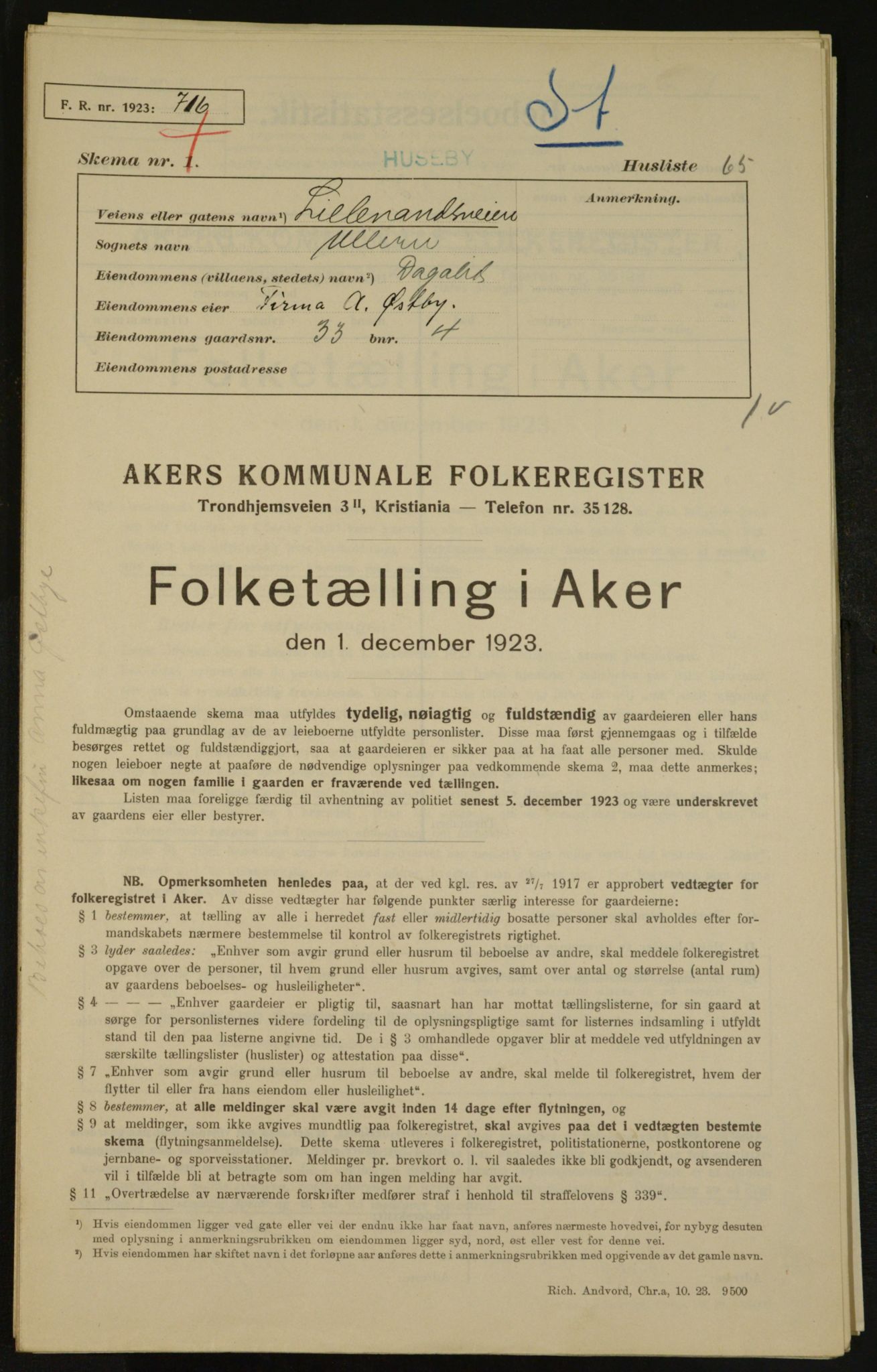 , Municipal Census 1923 for Aker, 1923, p. 4500