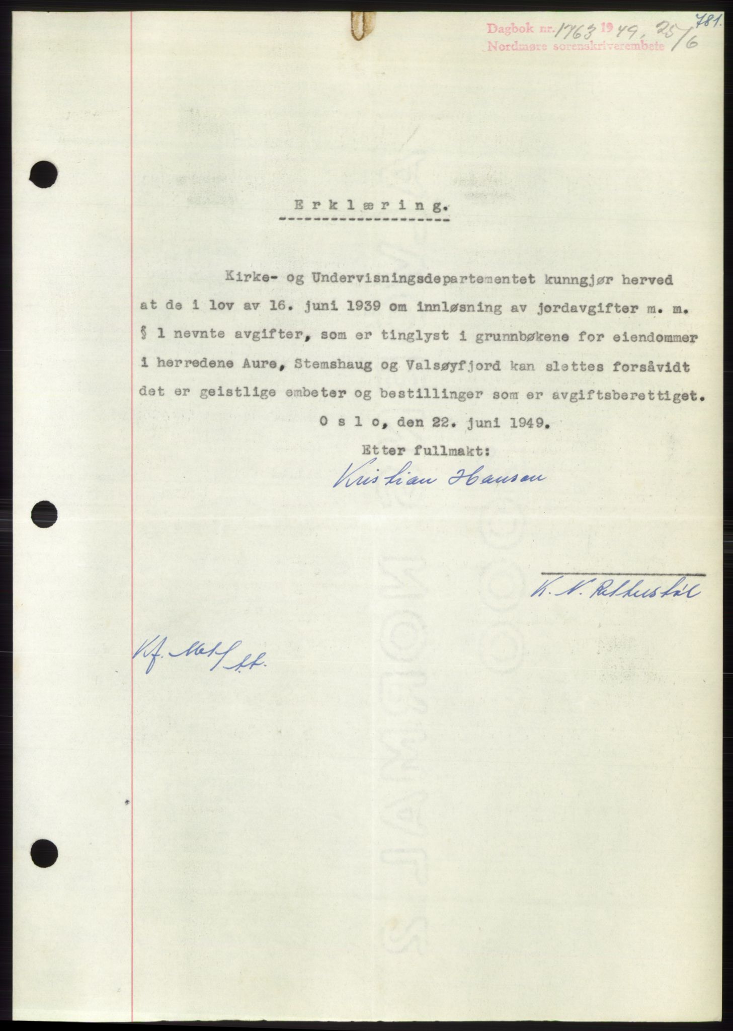 Nordmøre sorenskriveri, AV/SAT-A-4132/1/2/2Ca: Mortgage book no. B101, 1949-1949, Diary no: : 1763/1949