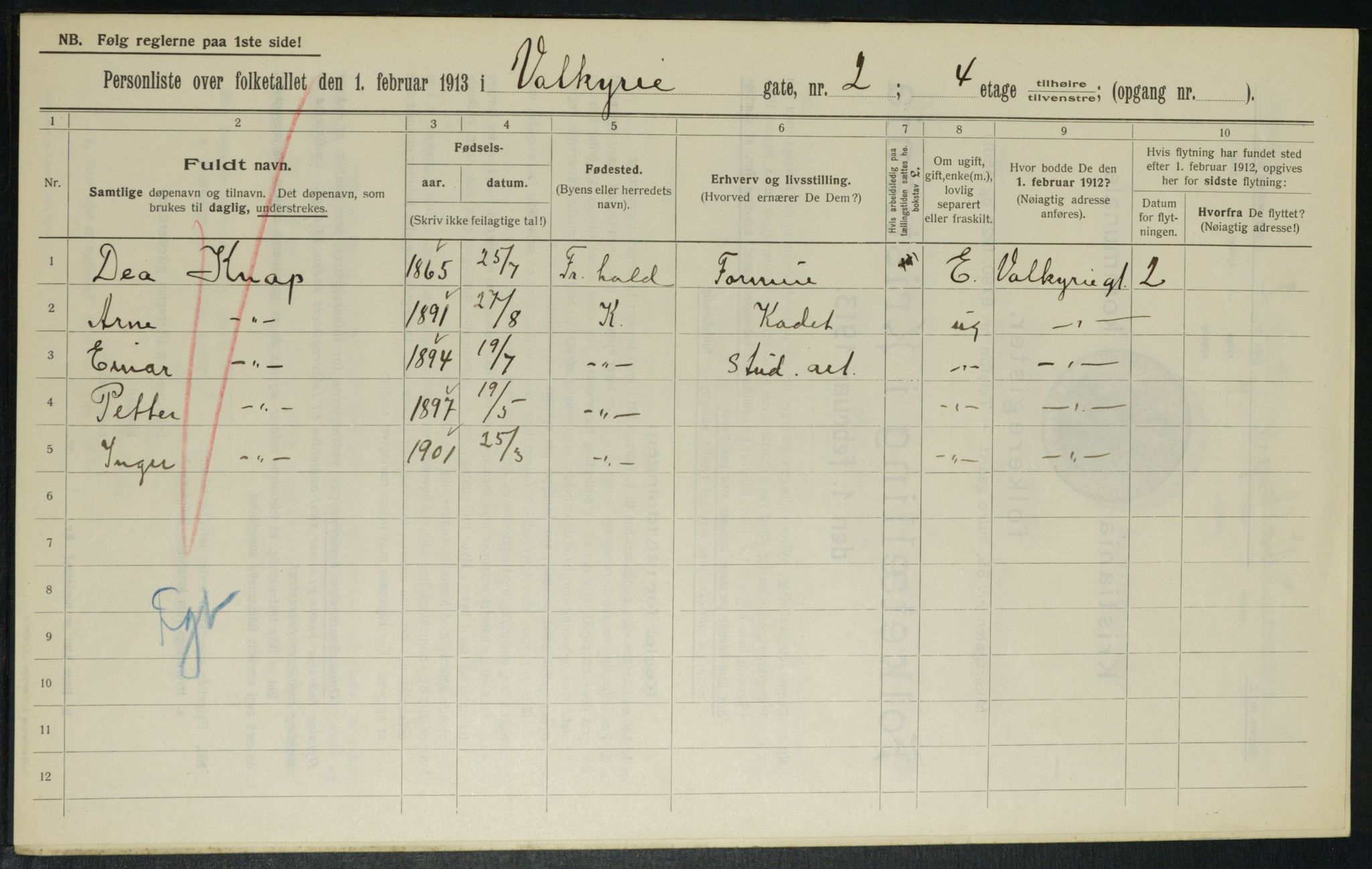 OBA, Municipal Census 1913 for Kristiania, 1913, p. 121521