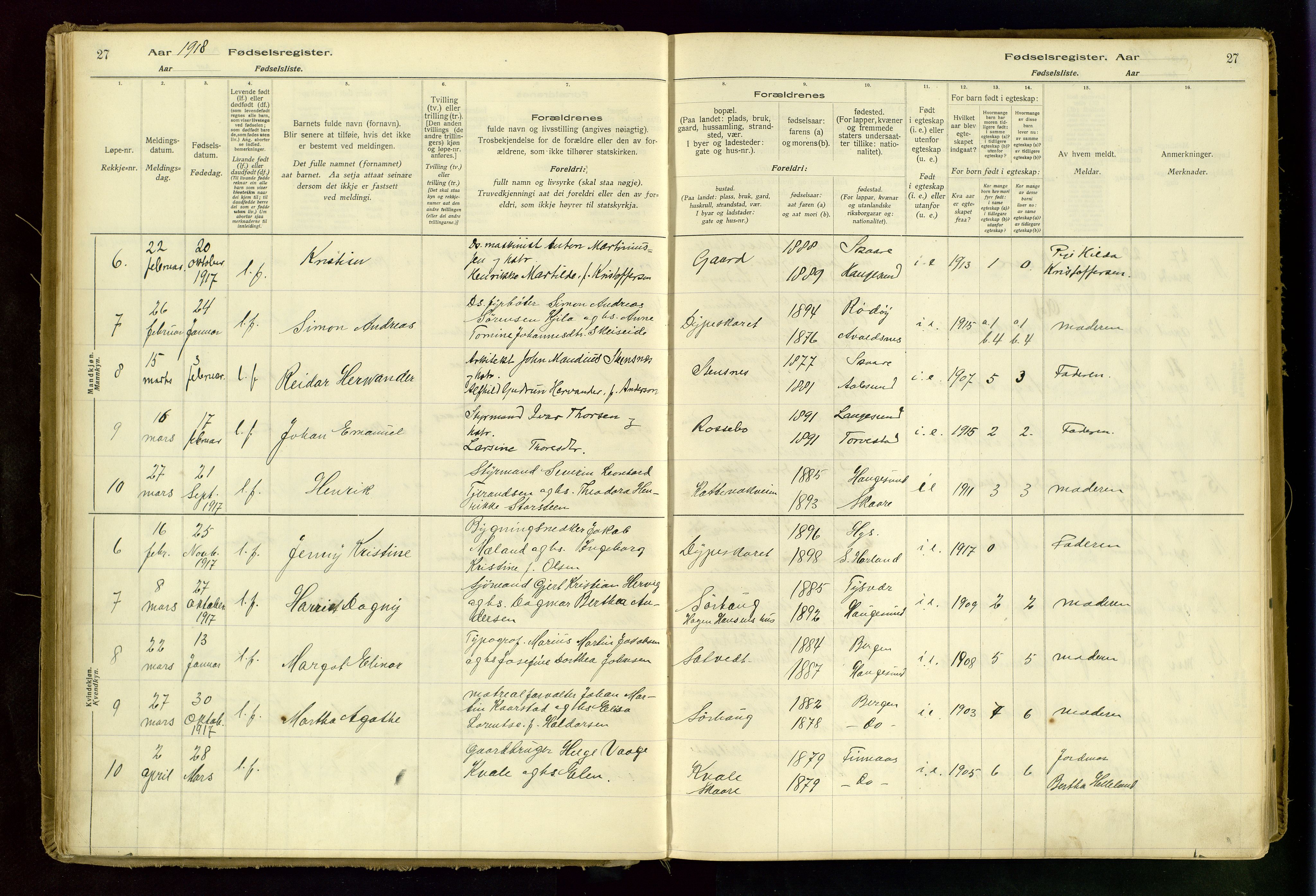 Haugesund sokneprestkontor, AV/SAST-A -101863/I/Id/L0001: Birth register no. 1, 1916-1935, p. 27