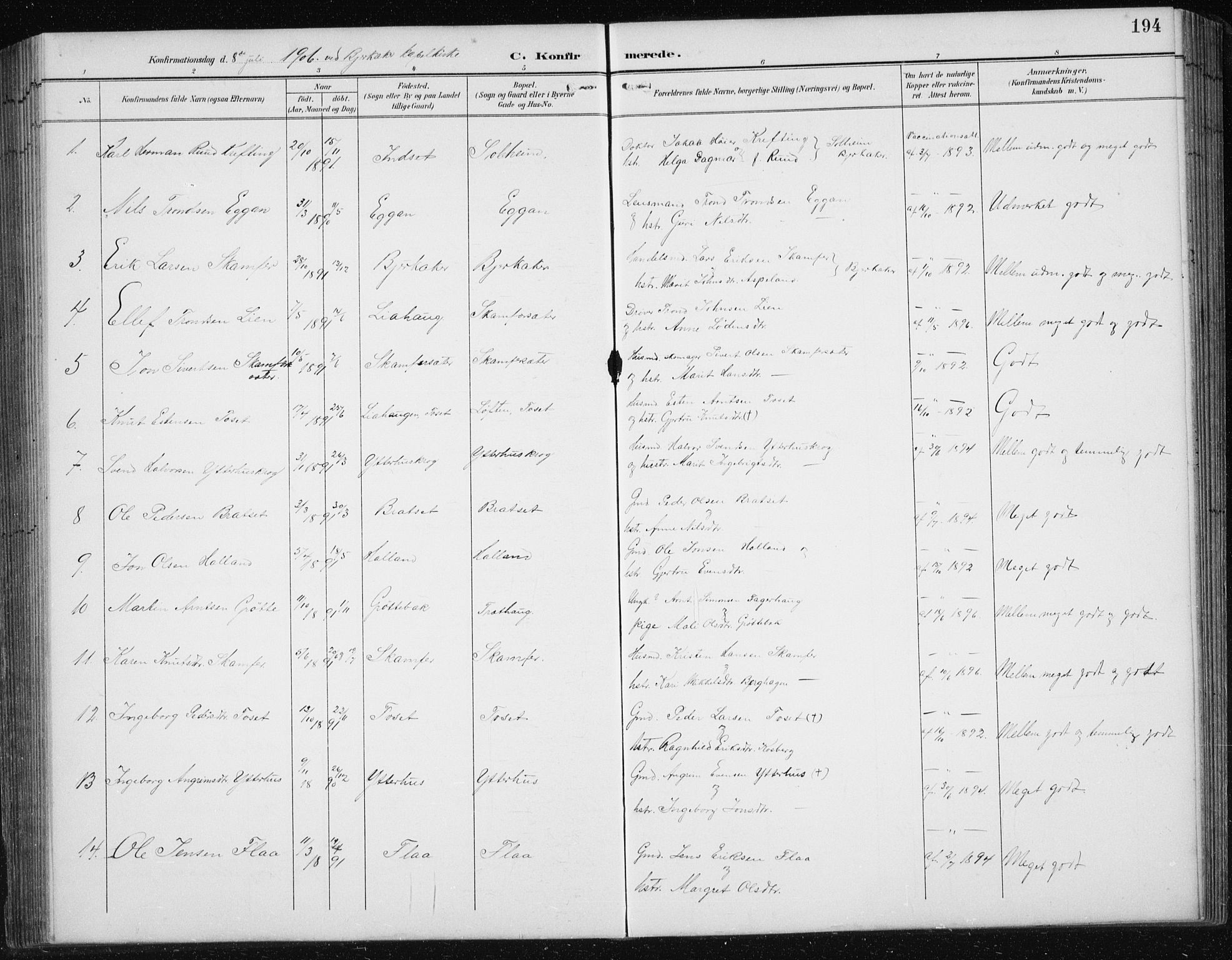 Ministerialprotokoller, klokkerbøker og fødselsregistre - Sør-Trøndelag, AV/SAT-A-1456/674/L0876: Parish register (copy) no. 674C03, 1892-1912, p. 194