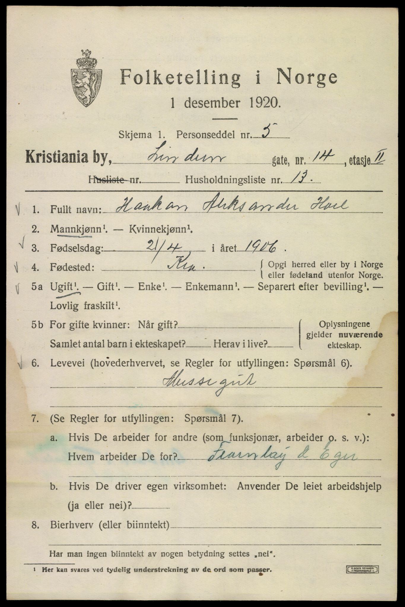 SAO, 1920 census for Kristiania, 1920, p. 365469