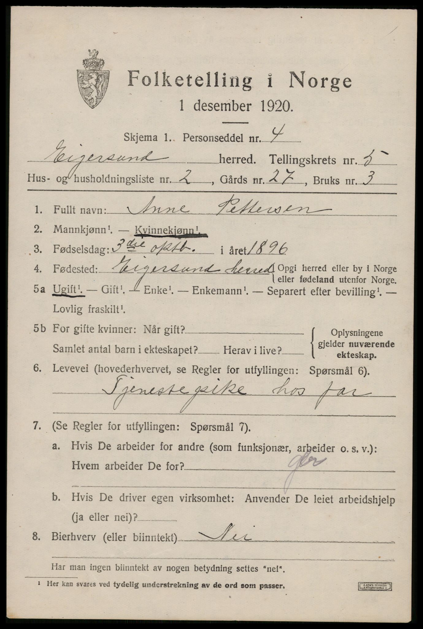 SAST, 1920 census for Eigersund, 1920, p. 3613