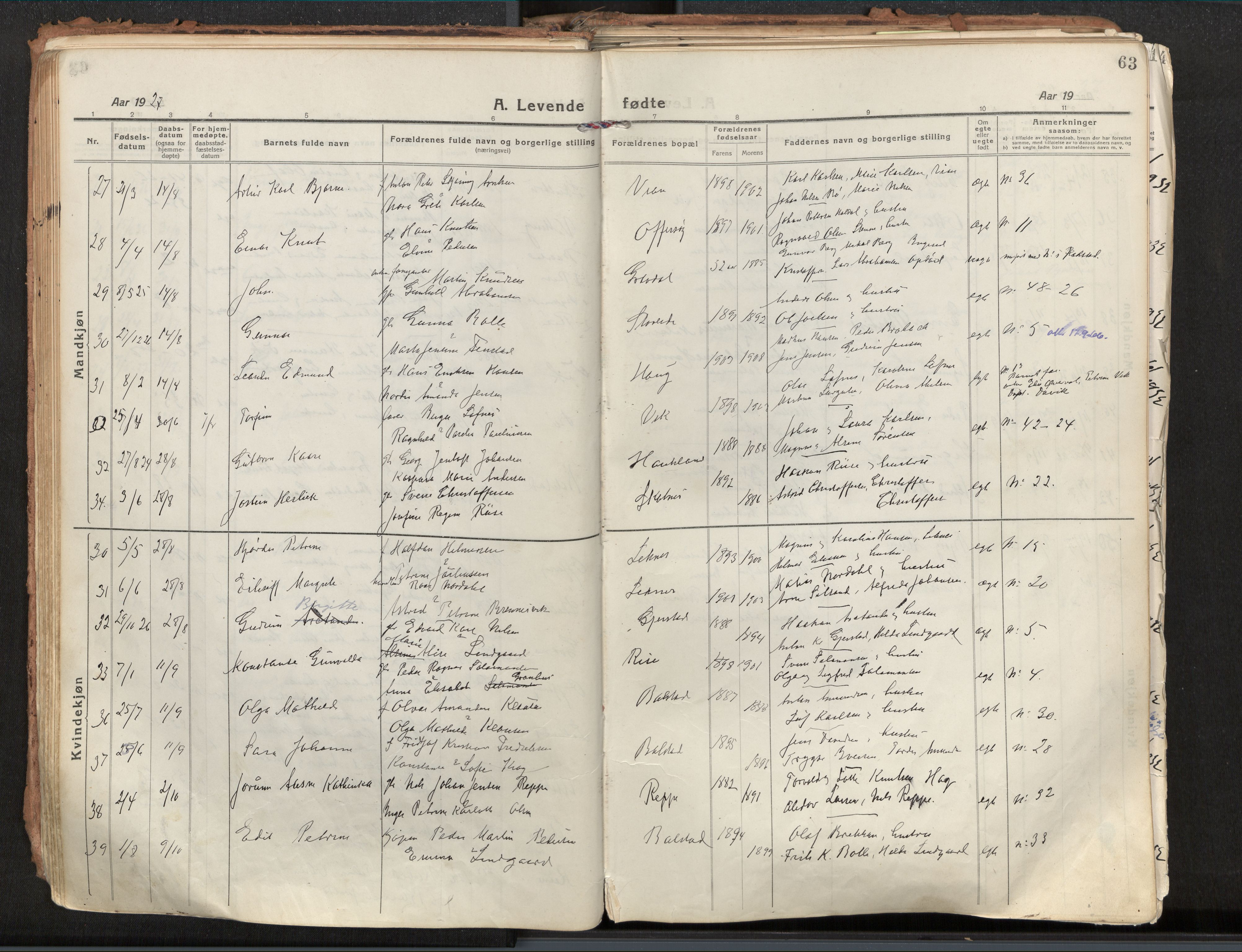 Ministerialprotokoller, klokkerbøker og fødselsregistre - Nordland, AV/SAT-A-1459/881/L1160: Parish register (official) no. 881A13, 1919-1937, p. 63