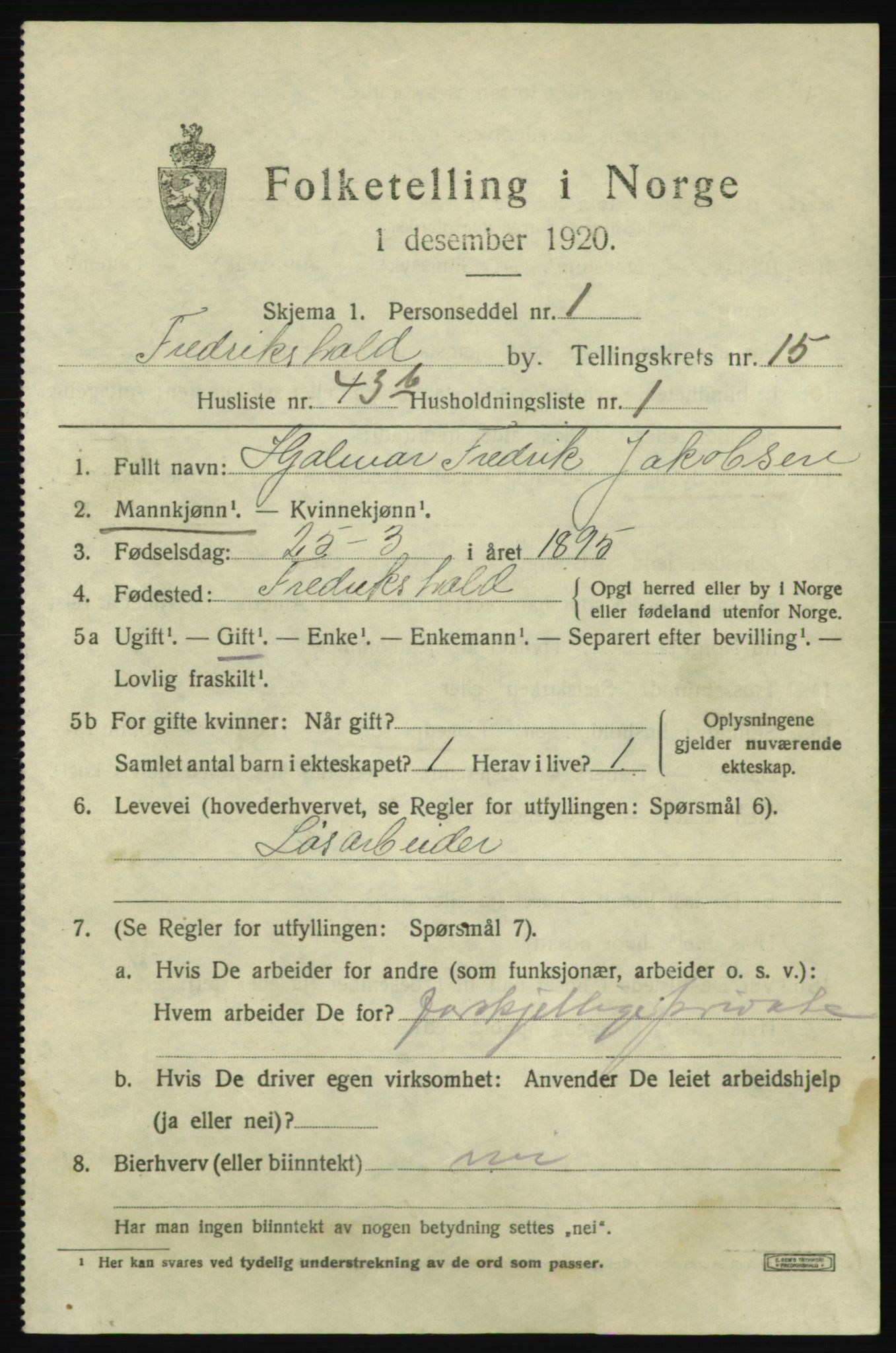 SAO, 1920 census for Fredrikshald, 1920, p. 24220