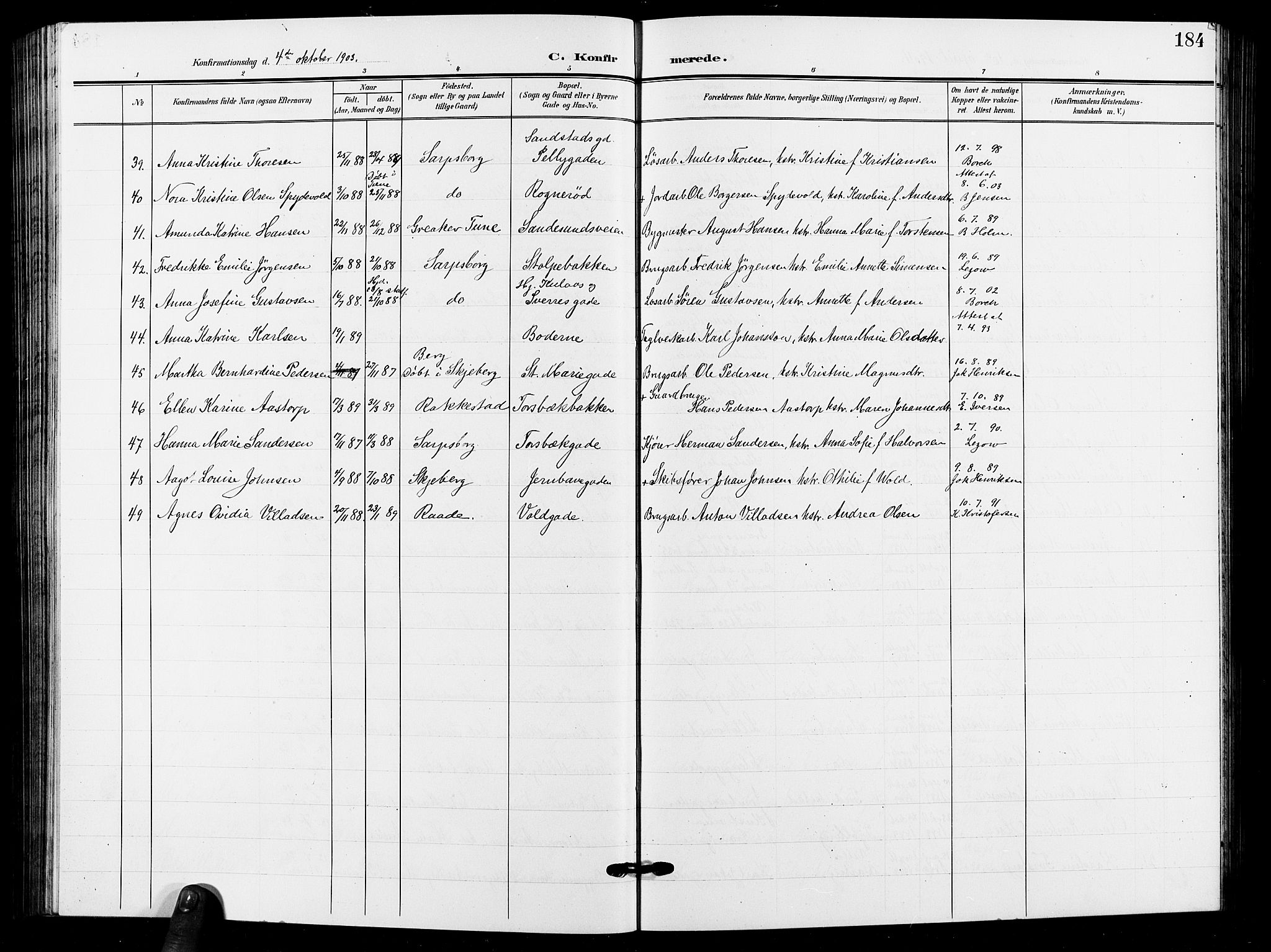 Sarpsborg prestekontor Kirkebøker, SAO/A-2006/G/Ga/L0001: Parish register (copy) no. 1, 1902-1911, p. 184