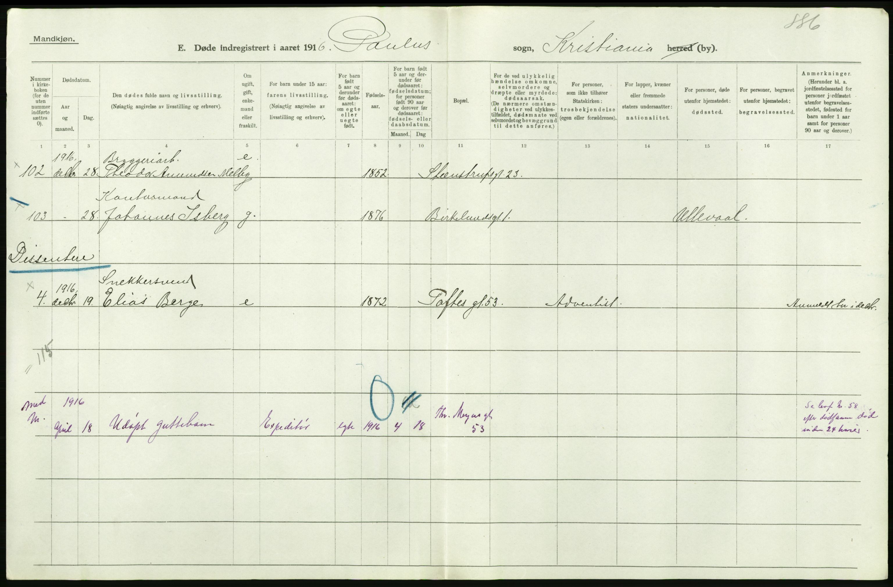 Statistisk sentralbyrå, Sosiodemografiske emner, Befolkning, AV/RA-S-2228/D/Df/Dfb/Dfbf/L0009: Kristiania: Døde., 1916, p. 74