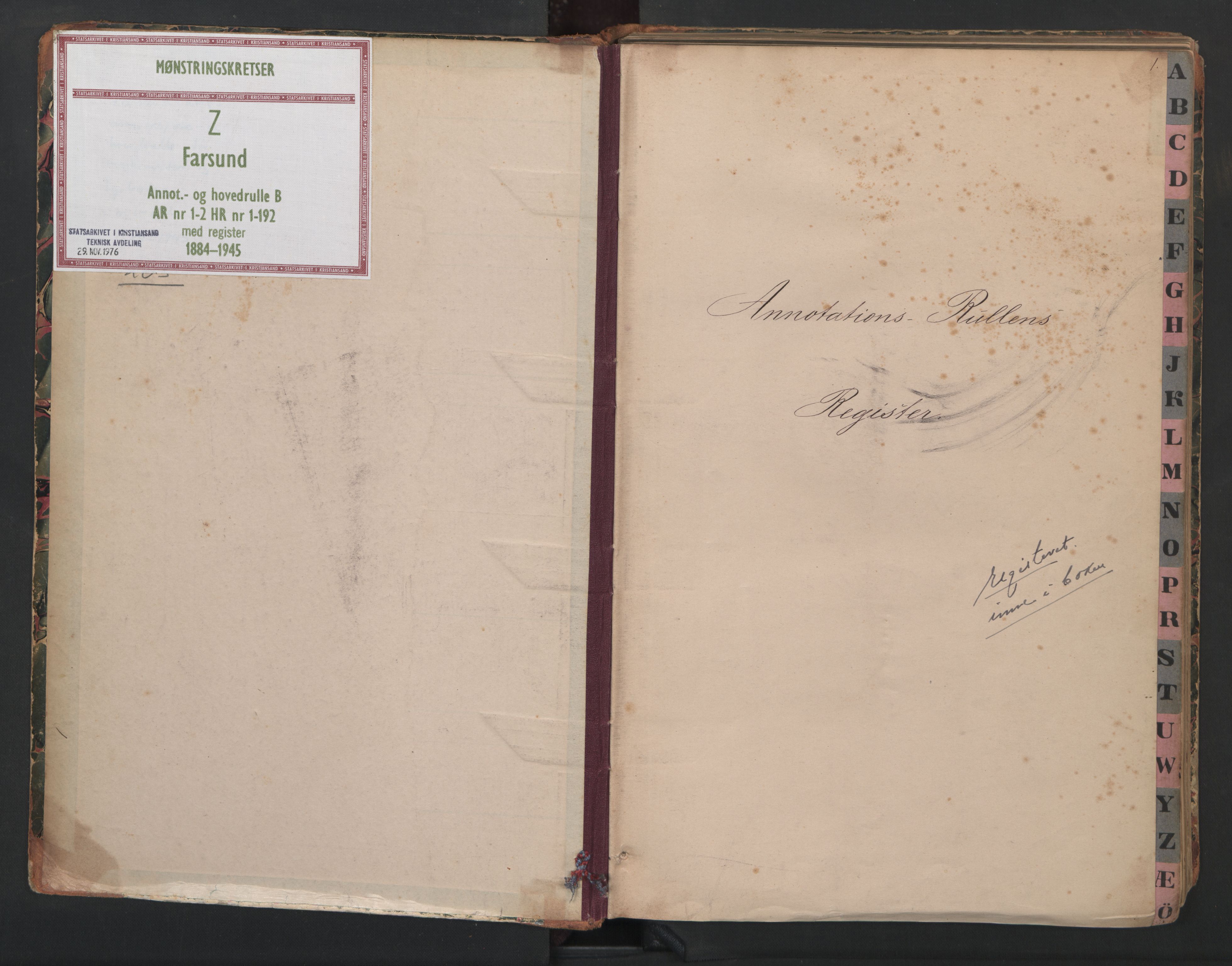 Farsund mønstringskrets, SAK/2031-0017/F/Fb/L0024: Hovedrulle B nr 1-192 med register, annotasjonsrulle B nr 1-2, Z-16, 1884-1945, p. 2