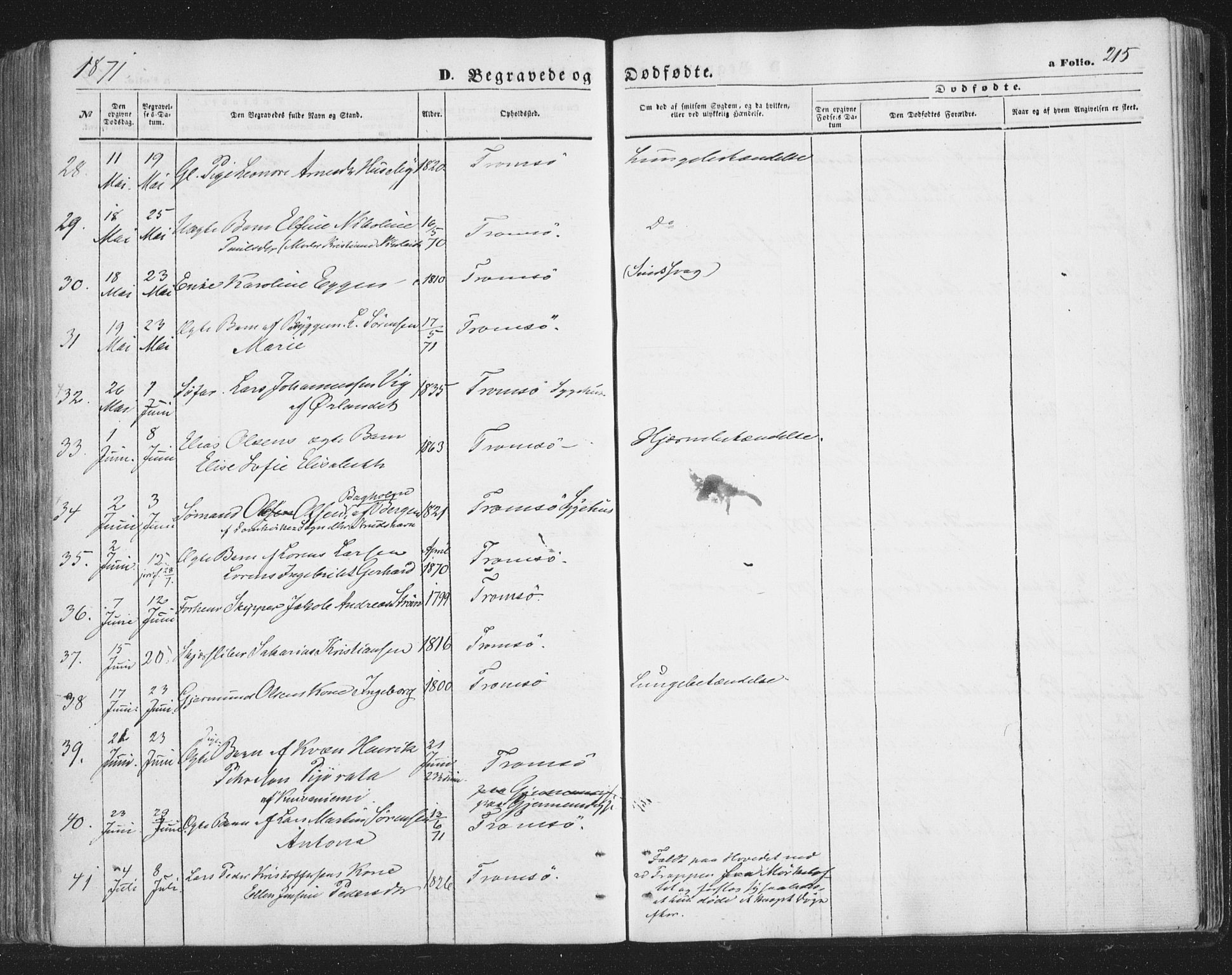 Tromsø sokneprestkontor/stiftsprosti/domprosti, AV/SATØ-S-1343/G/Ga/L0012kirke: Parish register (official) no. 12, 1865-1871, p. 215