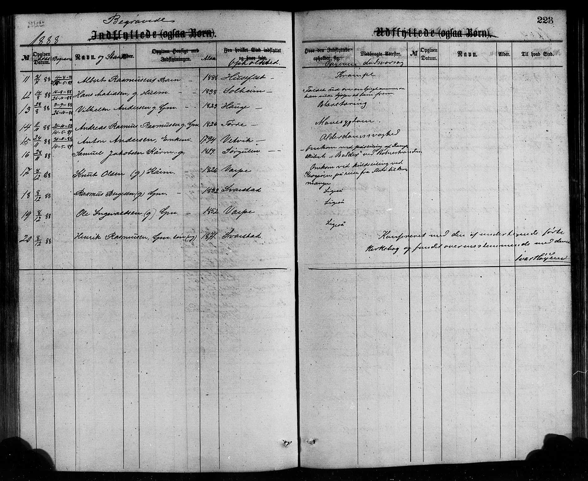 Bremanger sokneprestembete, AV/SAB-A-82201/H/Hab/Haba/L0002: Parish register (copy) no. A 2, 1866-1889, p. 223