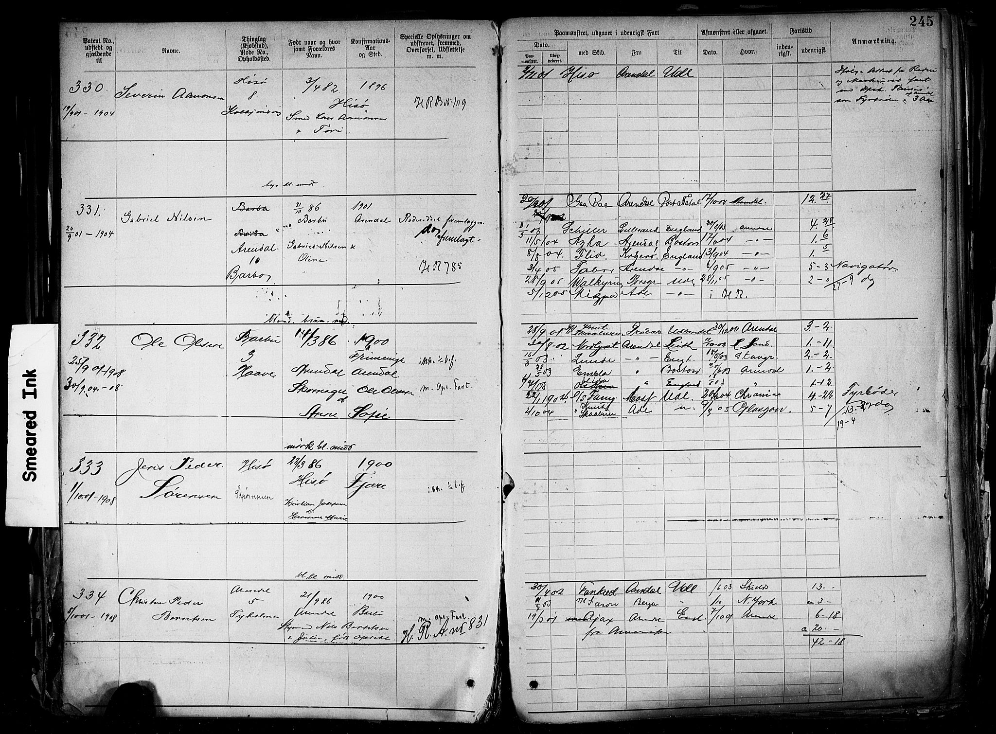 Arendal mønstringskrets, AV/SAK-2031-0012/F/Fa/L0004: Annotasjonsrulle nr 3828-4715 og nr 1-1296, S-4, 1892-1918, p. 251