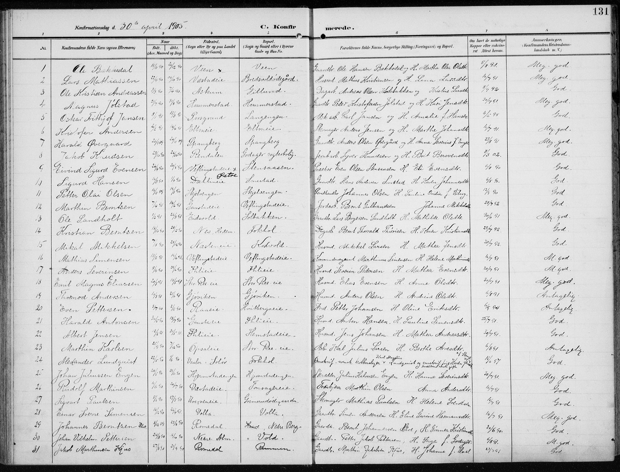 Stange prestekontor, AV/SAH-PREST-002/K/L0024: Parish register (official) no. 24, 1906-1922, p. 131