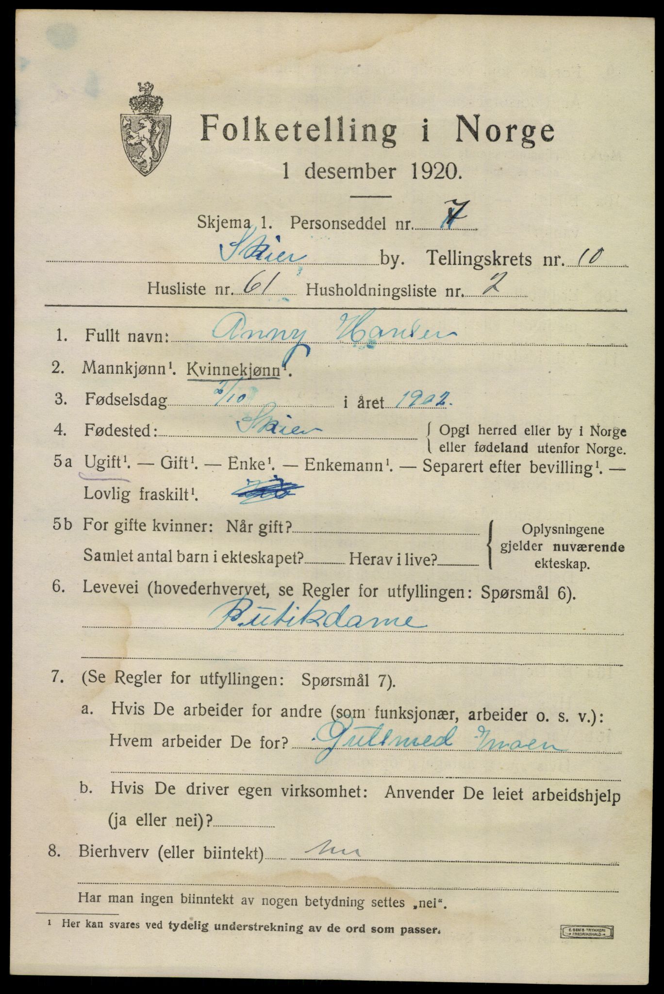 SAKO, 1920 census for Skien, 1920, p. 33138