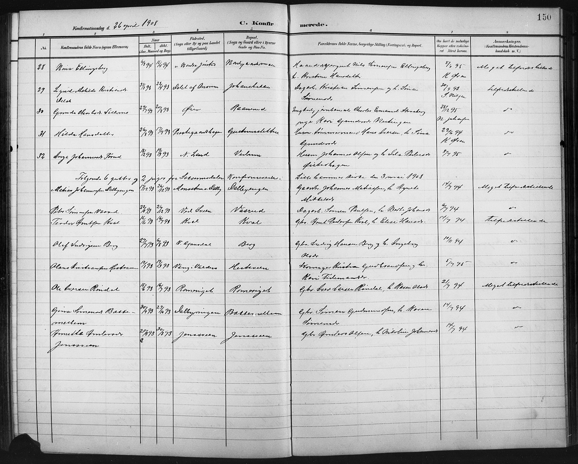 Fåberg prestekontor, AV/SAH-PREST-086/H/Ha/Hab/L0011: Parish register (copy) no. 11, 1901-1921, p. 150