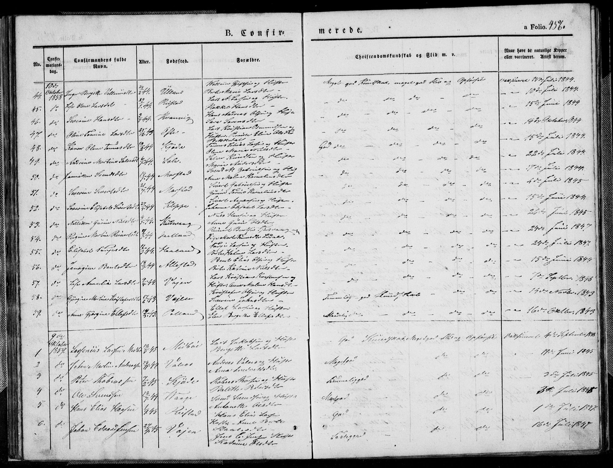 Flekkefjord sokneprestkontor, SAK/1111-0012/F/Fb/Fbb/L0002: Parish register (copy) no. B 2b, 1831-1866, p. 456