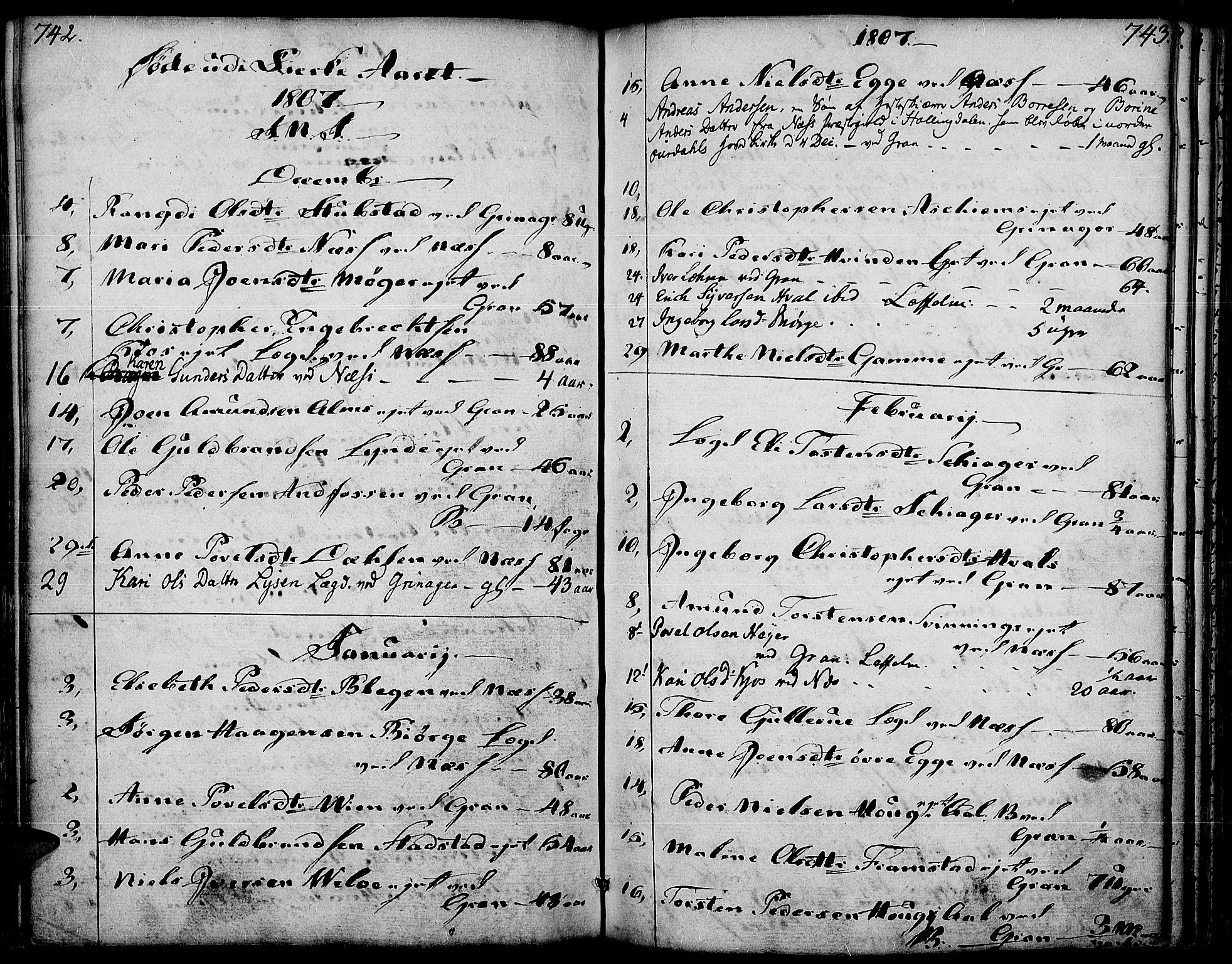 Gran prestekontor, SAH/PREST-112/H/Ha/Haa/L0006: Parish register (official) no. 6, 1787-1824, p. 742-743