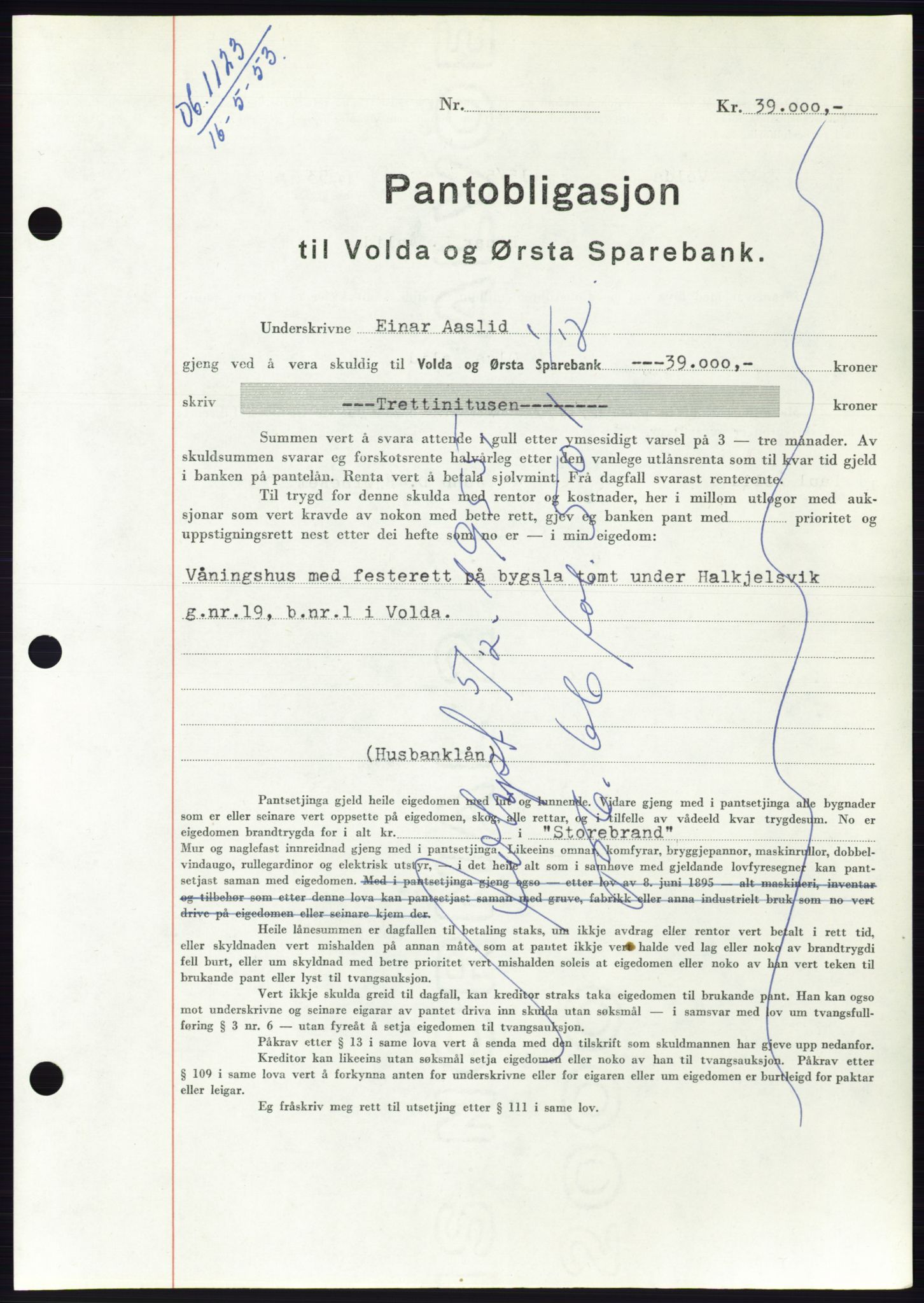 Søre Sunnmøre sorenskriveri, AV/SAT-A-4122/1/2/2C/L0123: Mortgage book no. 11B, 1953-1953, Diary no: : 1123/1953