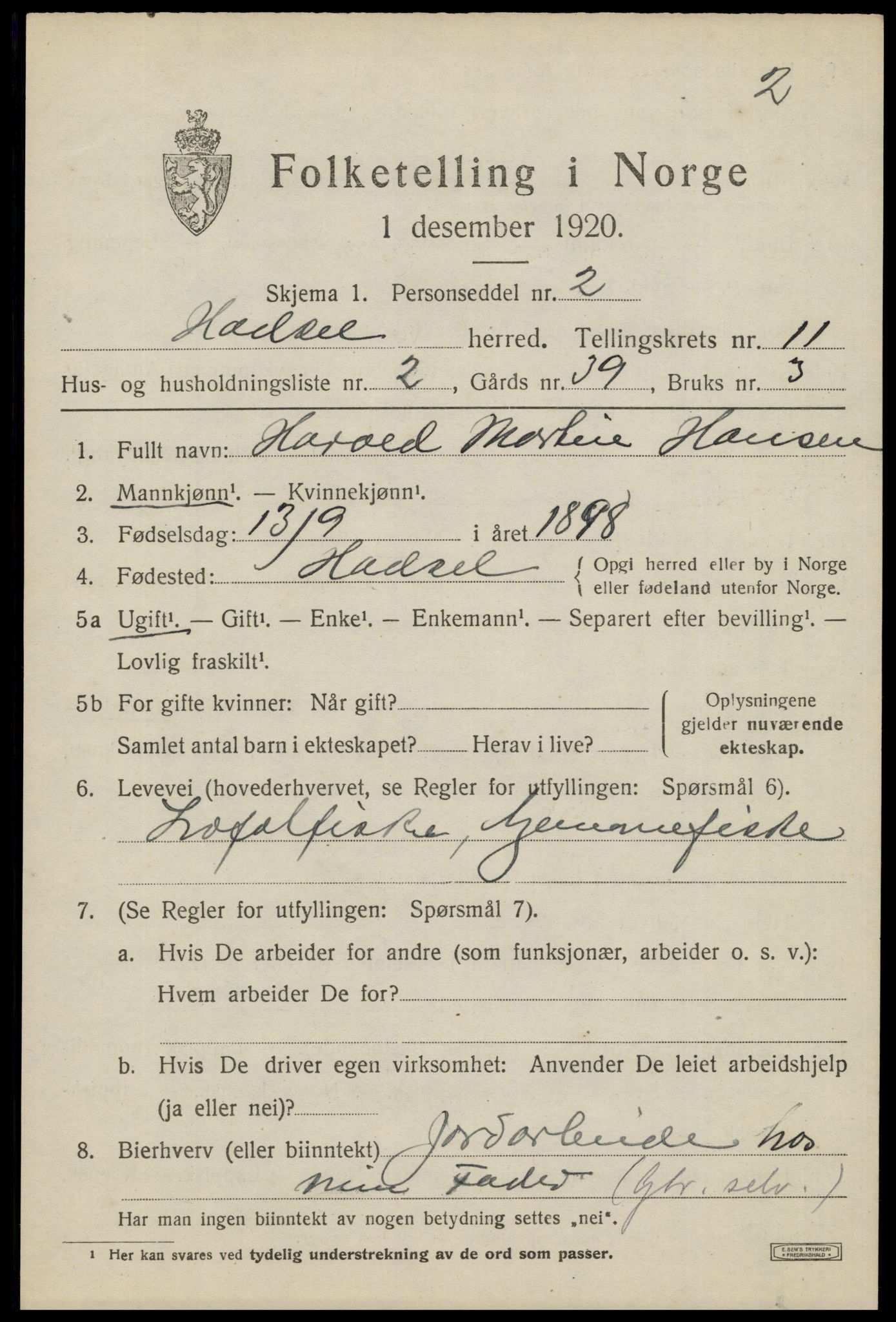 SAT, 1920 census for Hadsel, 1920, p. 8706