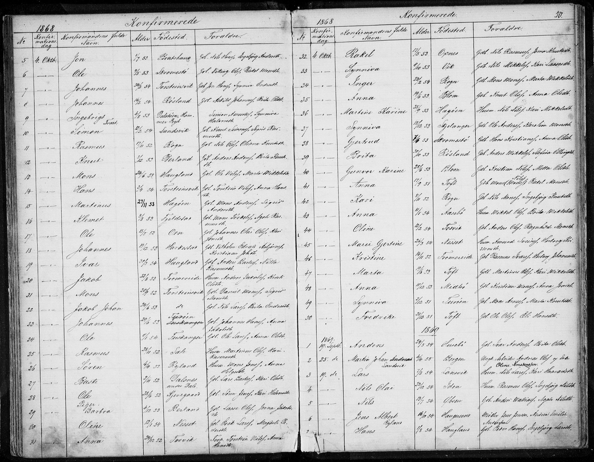 Herdla Sokneprestembete, AV/SAB-A-75701/H/Haa: Parish register (official) no. A 1, 1855-1869, p. 50