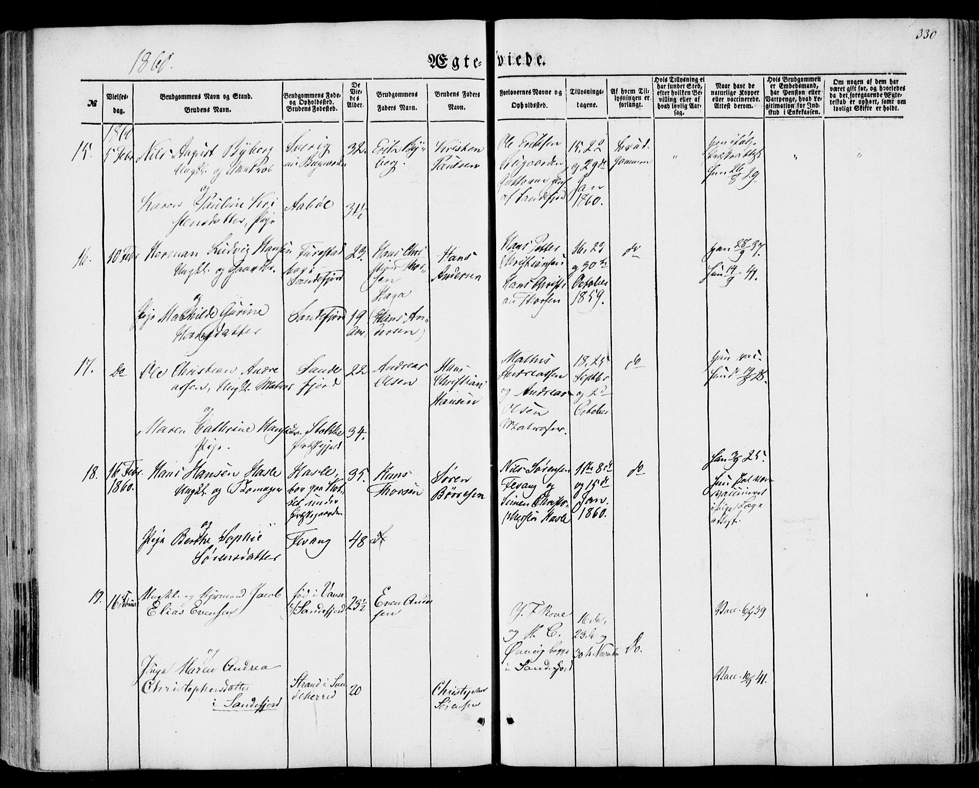 Sandar kirkebøker, SAKO/A-243/F/Fa/L0007: Parish register (official) no. 7, 1855-1861, p. 330