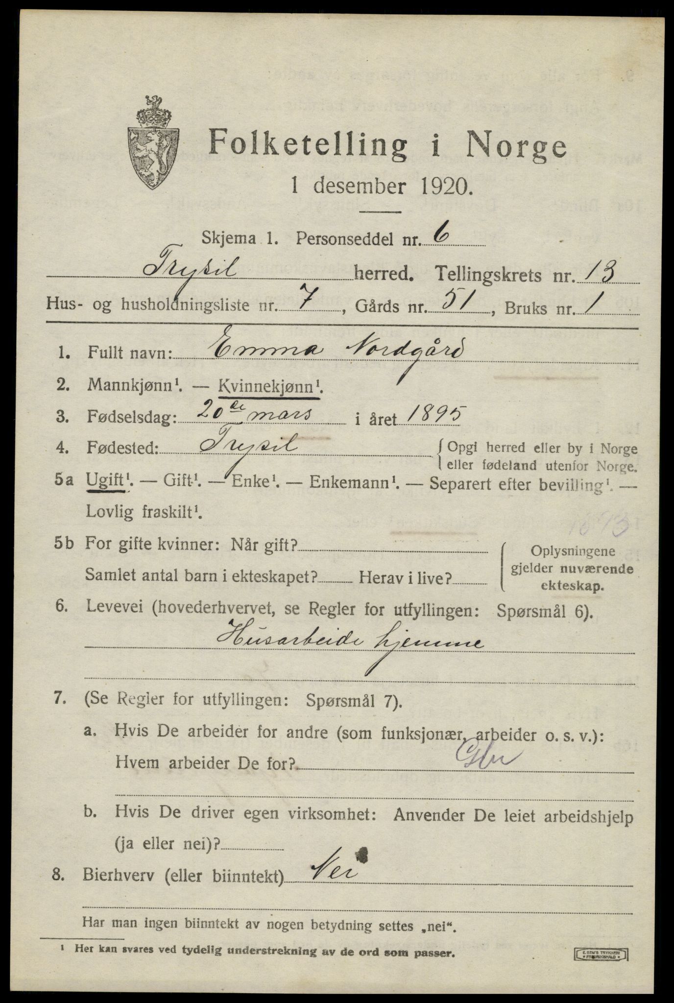 SAH, 1920 census for Trysil, 1920, p. 7703