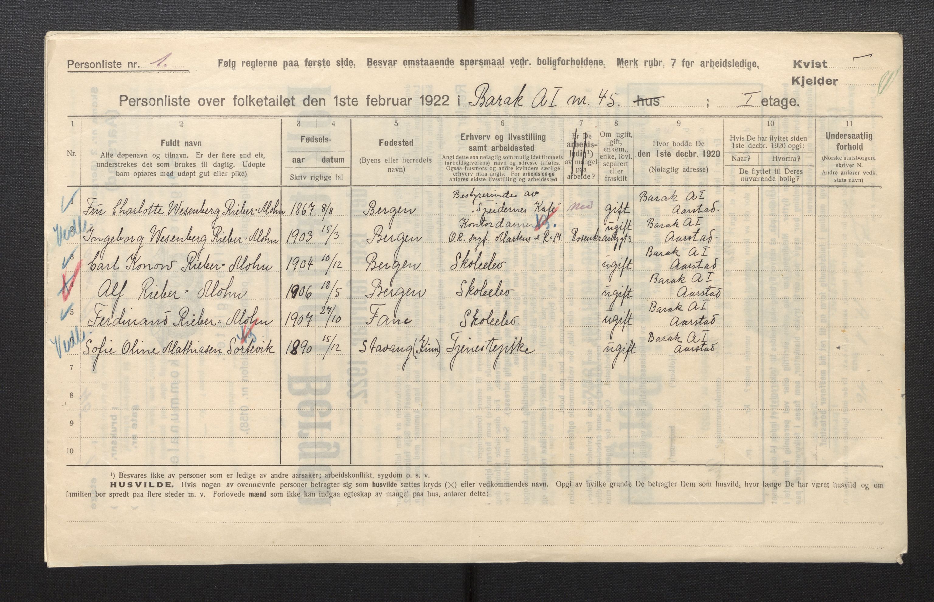 SAB, Municipal Census 1922 for Bergen, 1922, p. 50500