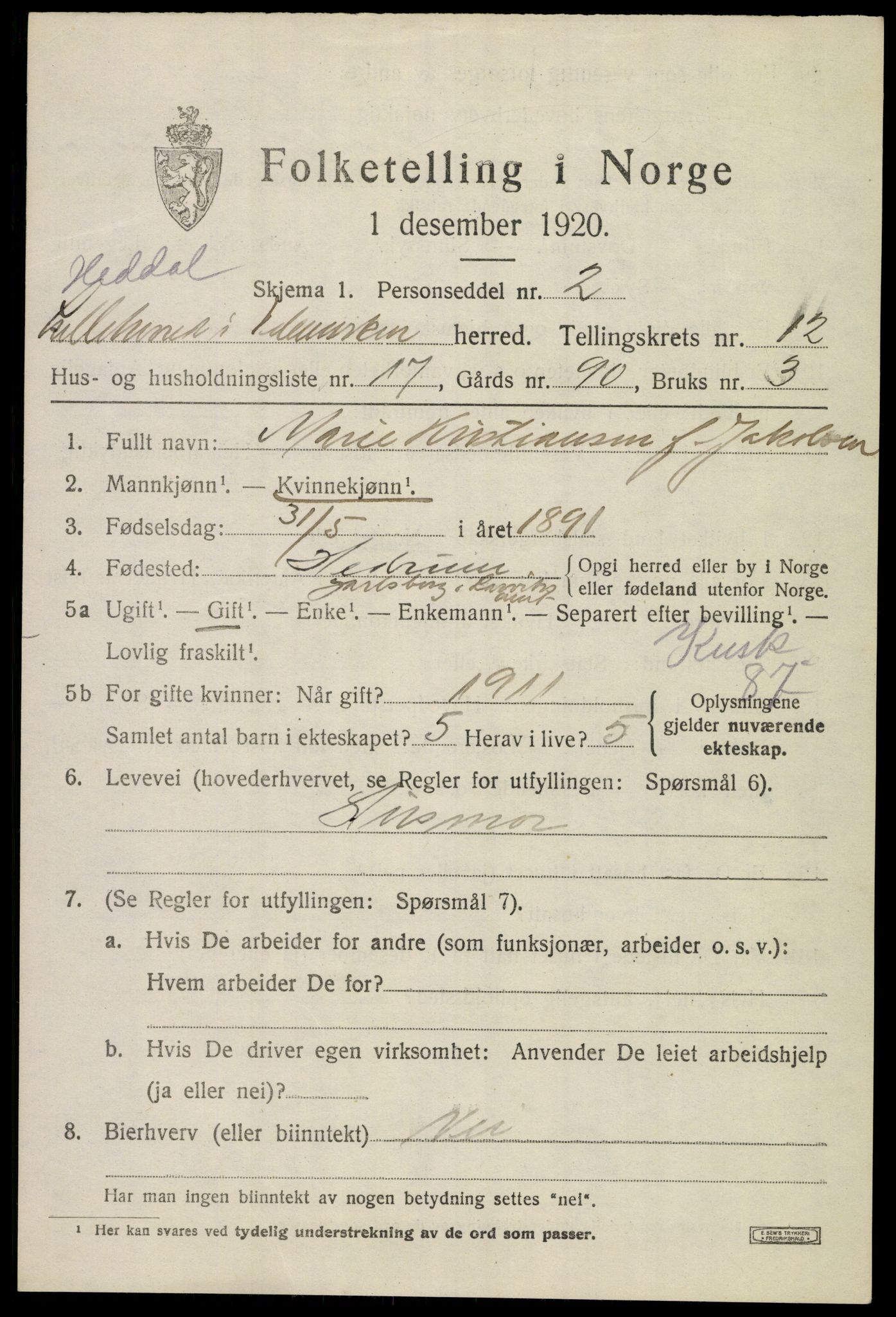 SAKO, 1920 census for Heddal, 1920, p. 8330