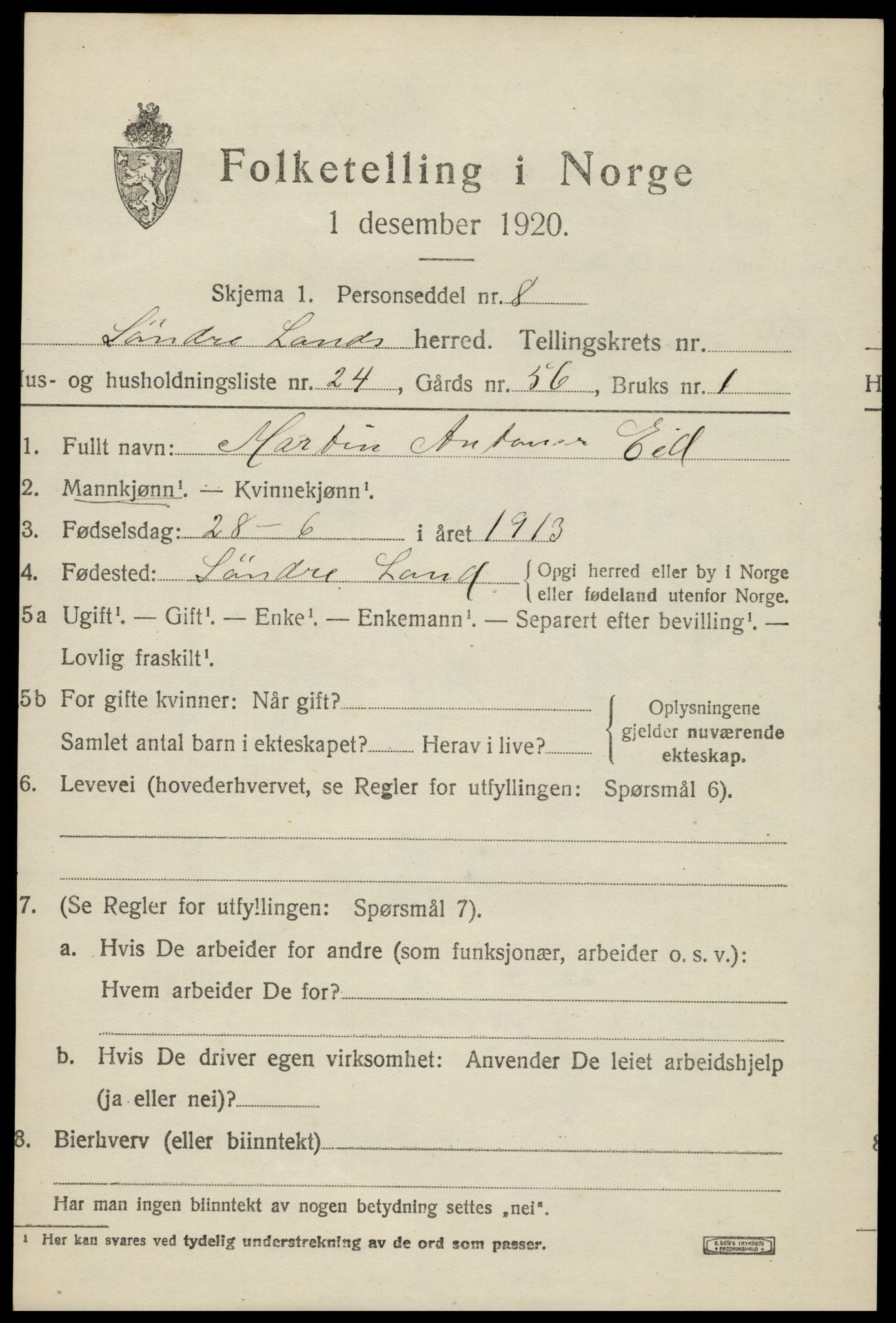 SAH, 1920 census for Søndre Land, 1920, p. 4991