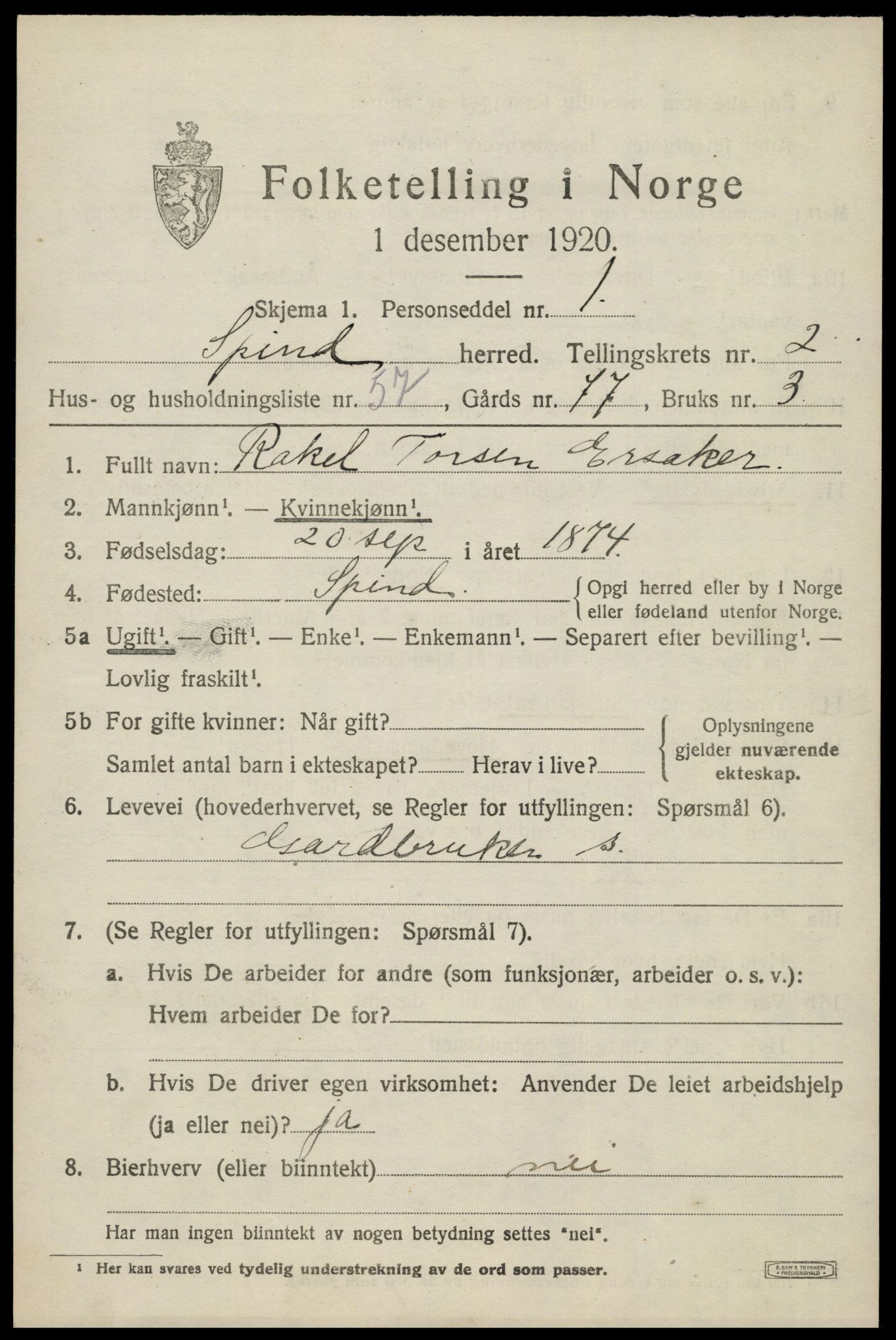 SAK, 1920 census for Spind, 1920, p. 1599
